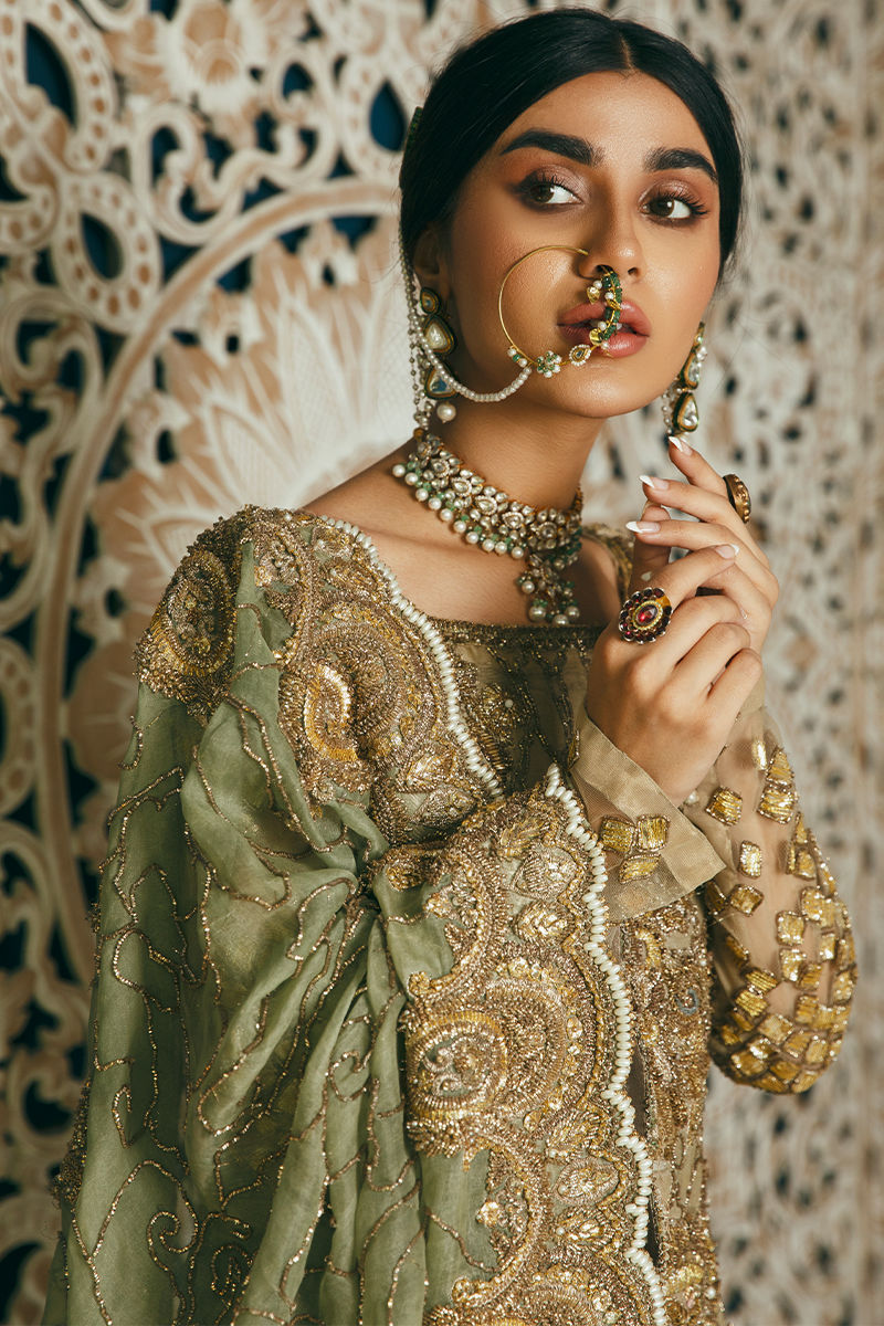 Pakistani Mint Green Antique Gold Embroidered Organza Gharara (3-Piece) - Image 16