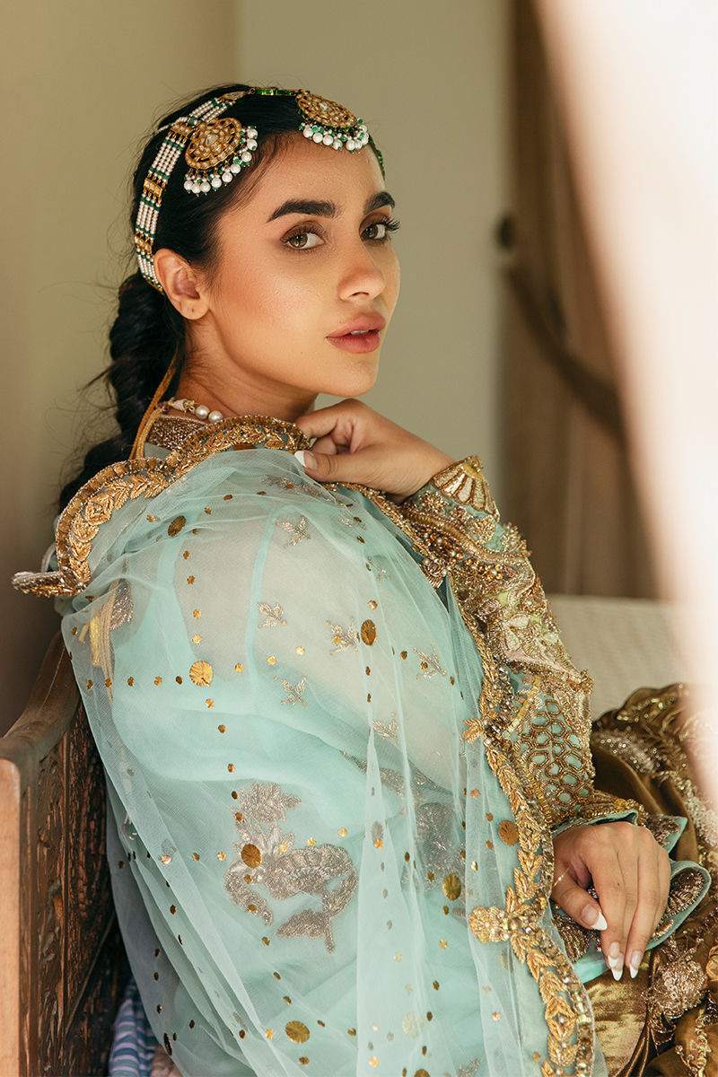 Pakistani Mint Green Antique Gold Embroidered Organza Gharara (3-Piece) - Image 17