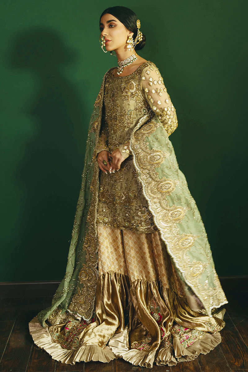 Pakistani Mint Green Antique Gold Embroidered Organza Gharara (3-Piece) - Image 2