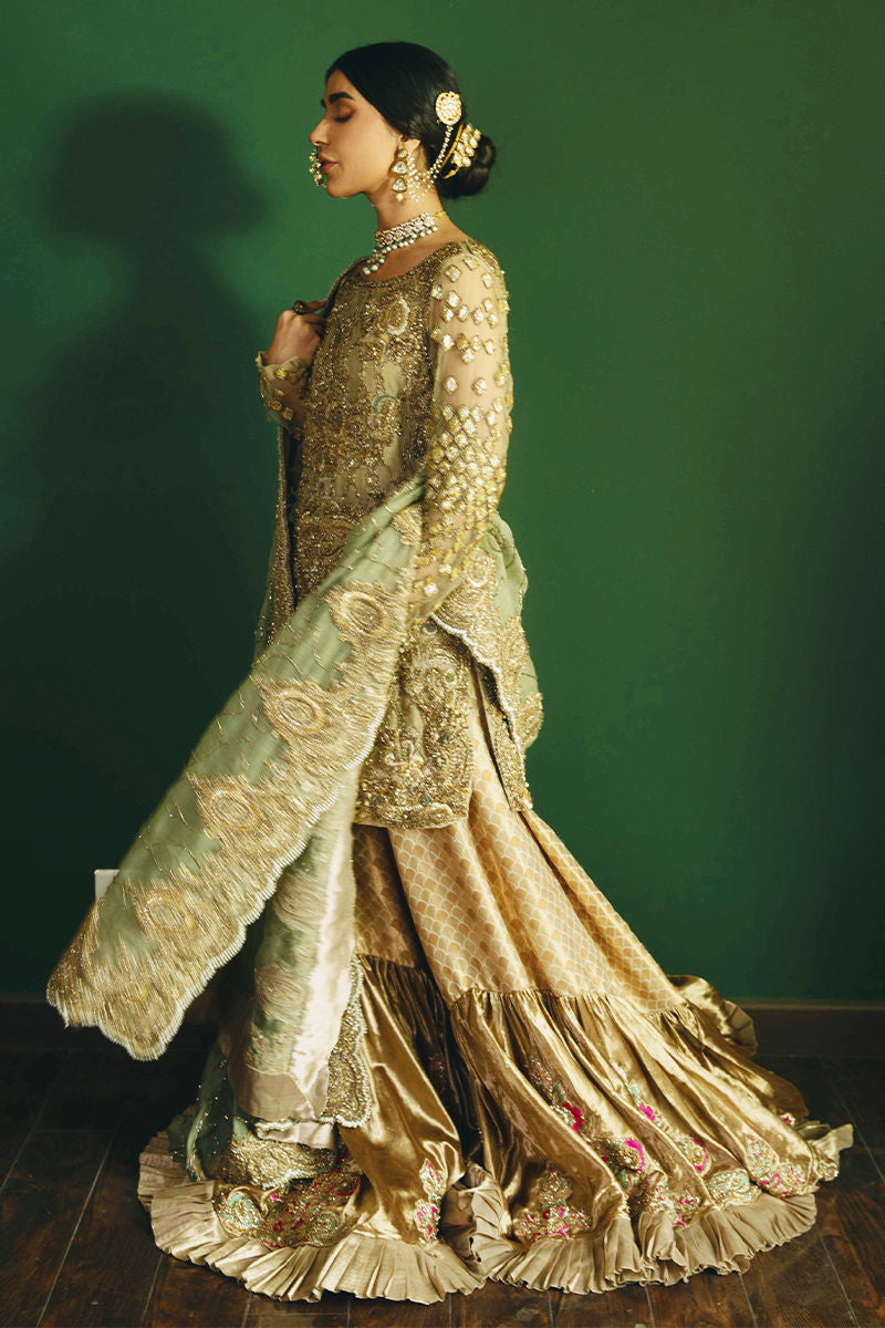 Pakistani Mint Green Antique Gold Embroidered Organza Gharara (3-Piece) - Image 3