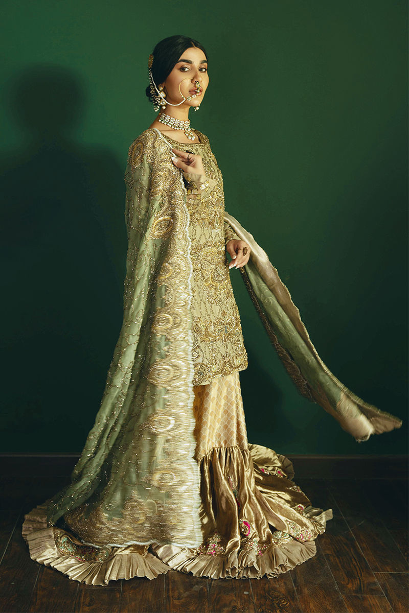 Pakistani Mint Green Antique Gold Embroidered Organza Gharara (3-Piece) - Image 4