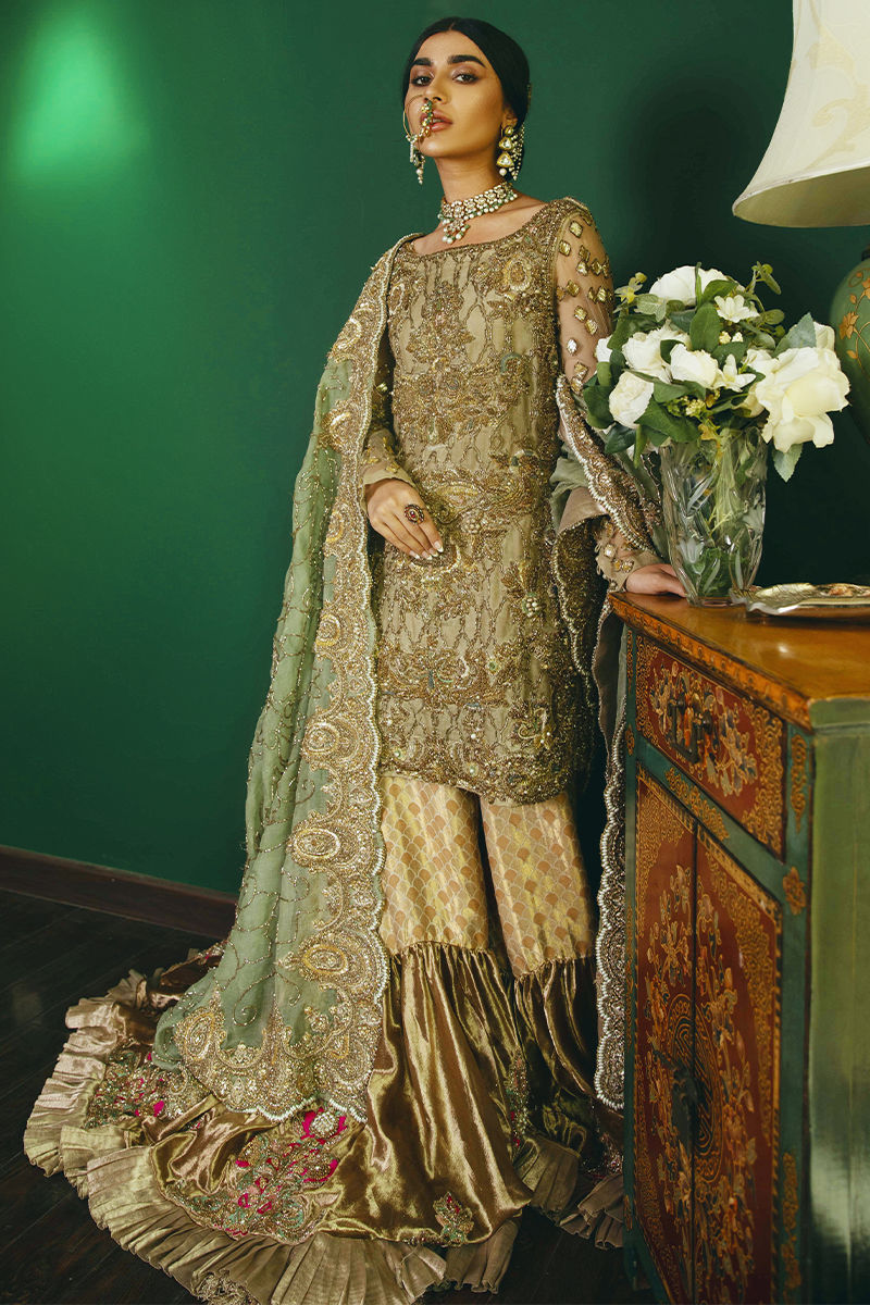 Pakistani Mint Green Antique Gold Embroidered Organza Gharara (3-Piece) - Image 5