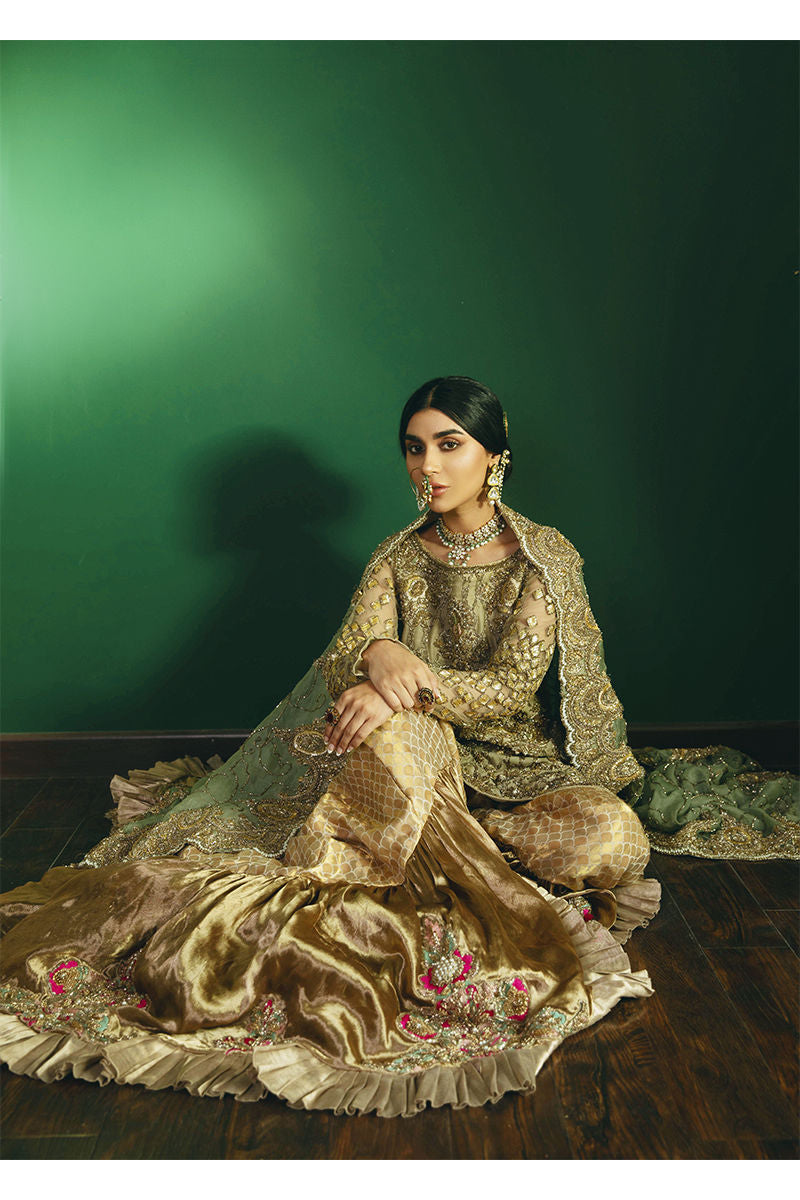 Pakistani Mint Green Antique Gold Embroidered Organza Gharara (3-Piece) - Image 7