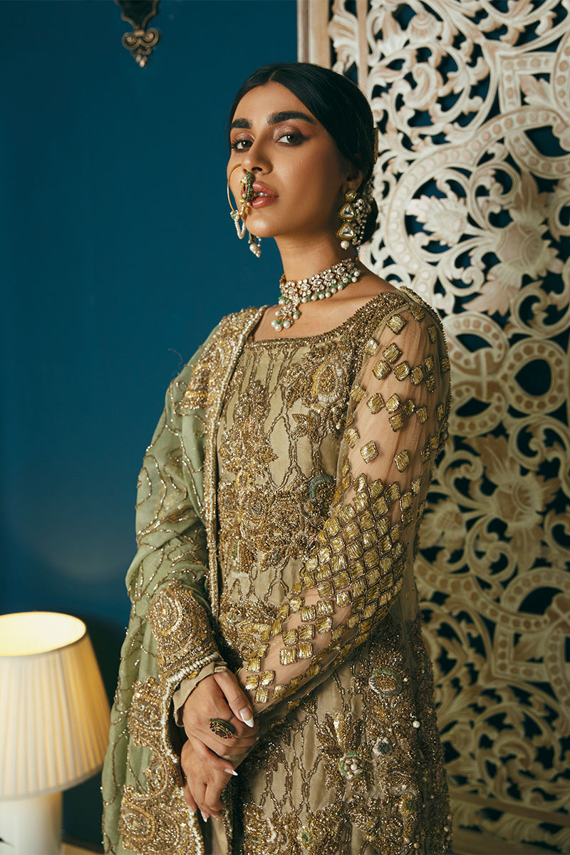 Pakistani Mint Green Antique Gold Embroidered Organza Gharara (3-Piece) - Image 8