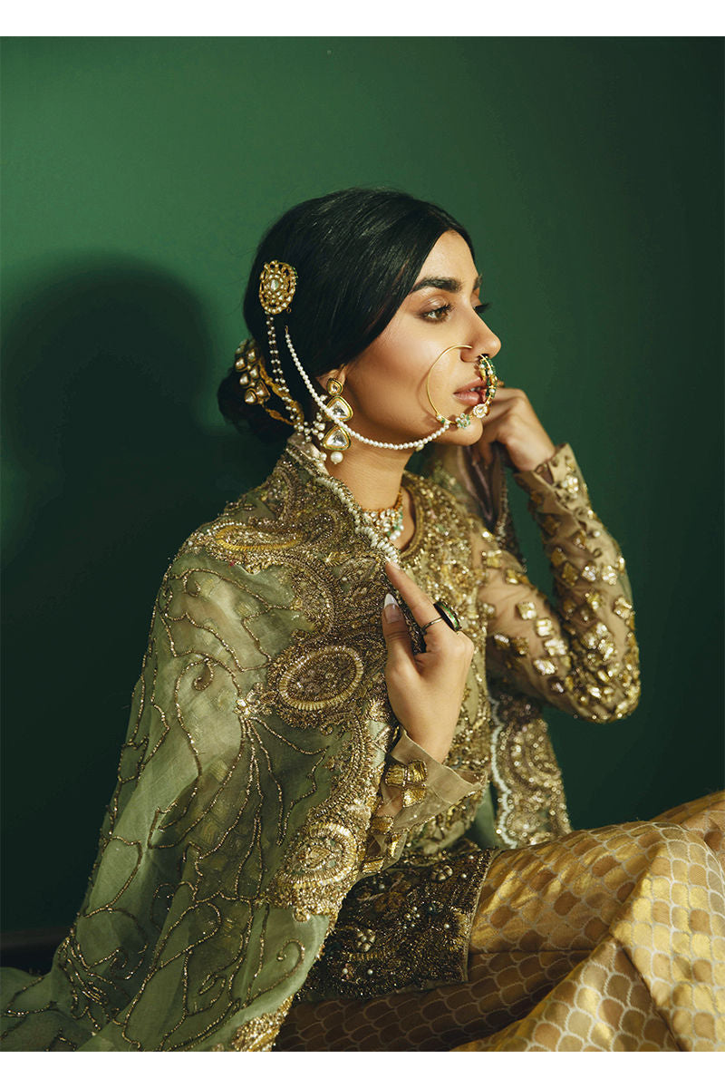 Pakistani Mint Green Antique Gold Embroidered Organza Gharara (3-Piece) - Image 9