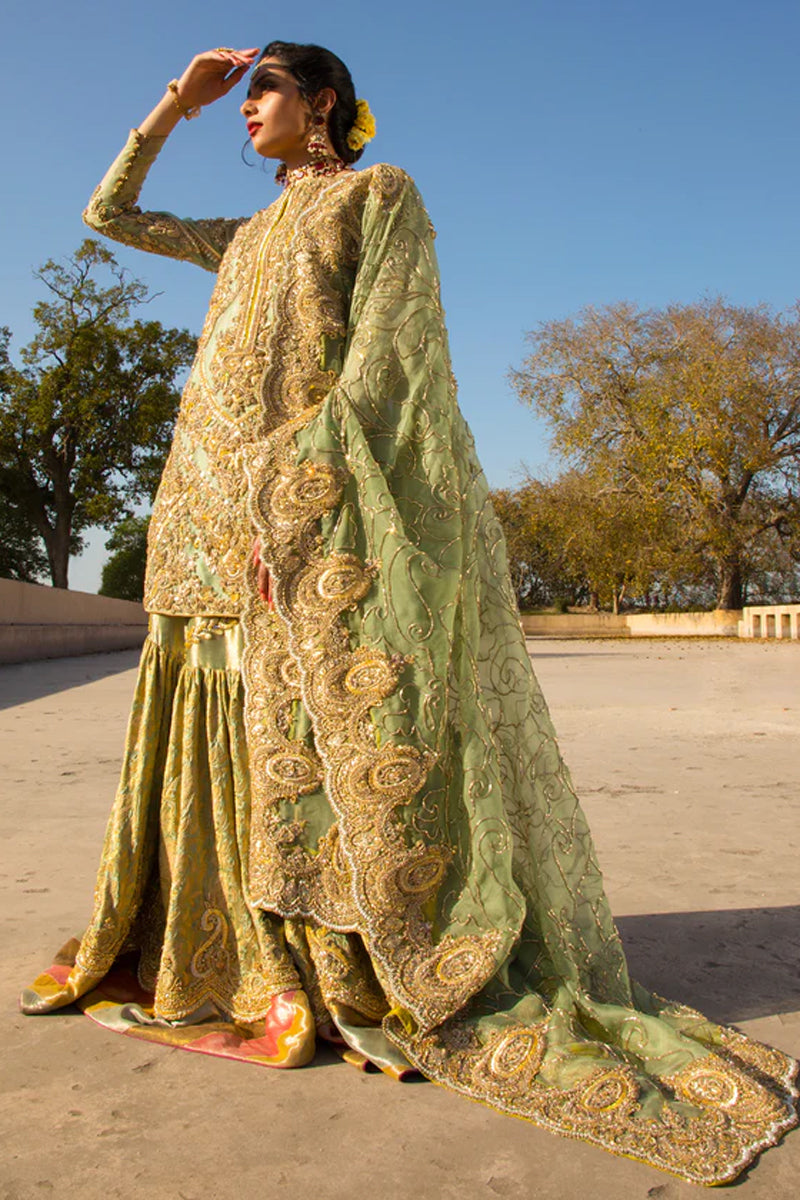 Sage Green Embellished Katan Organza Bridal Gharara (3-Piece) - Image 1