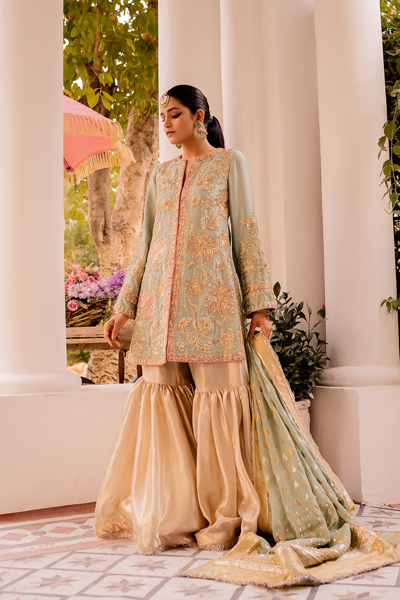 Pakistani Sage Embroidered Organza & Silk Gharara (3-Piece) - Image 1