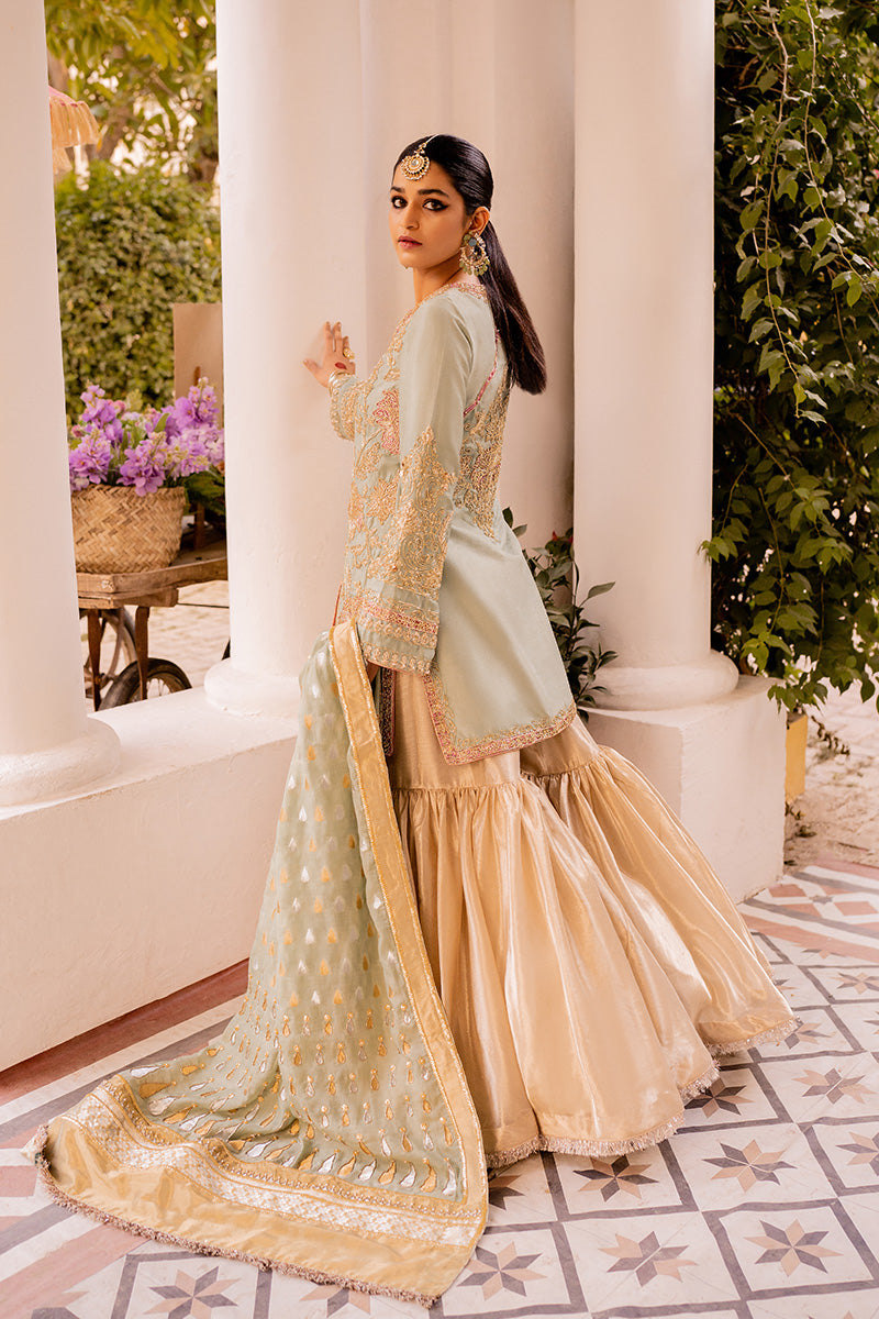 Pakistani Sage Embroidered Organza & Silk Gharara (3-Piece) - Image 2
