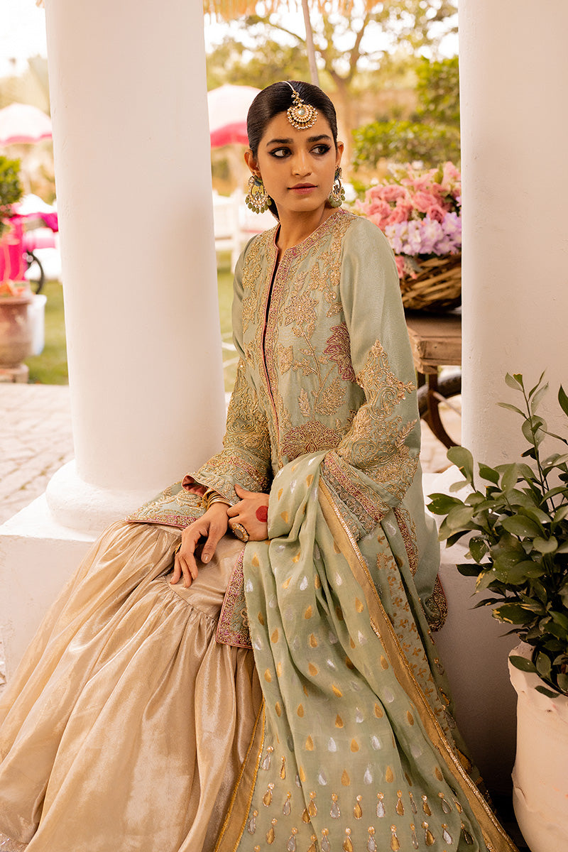 Pakistani Sage Embroidered Organza & Silk Gharara (3-Piece) - Image 3