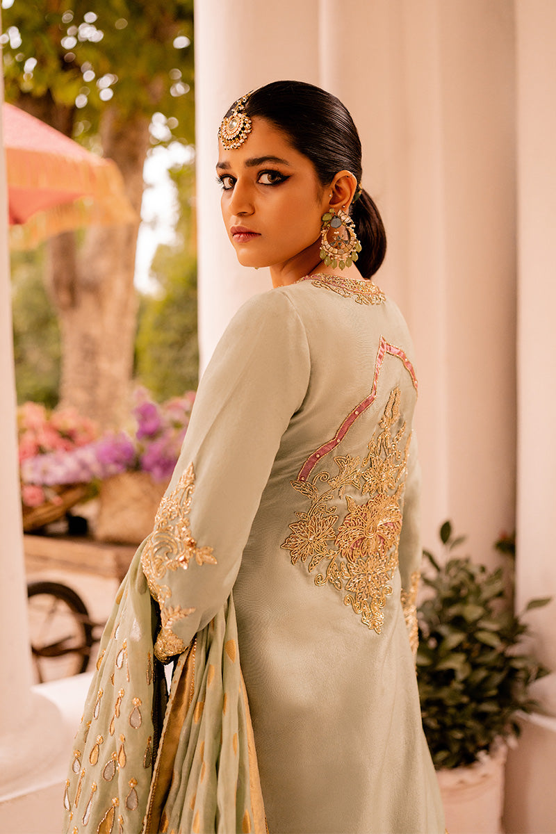 Pakistani Sage Embroidered Organza & Silk Gharara (3-Piece) - Image 4