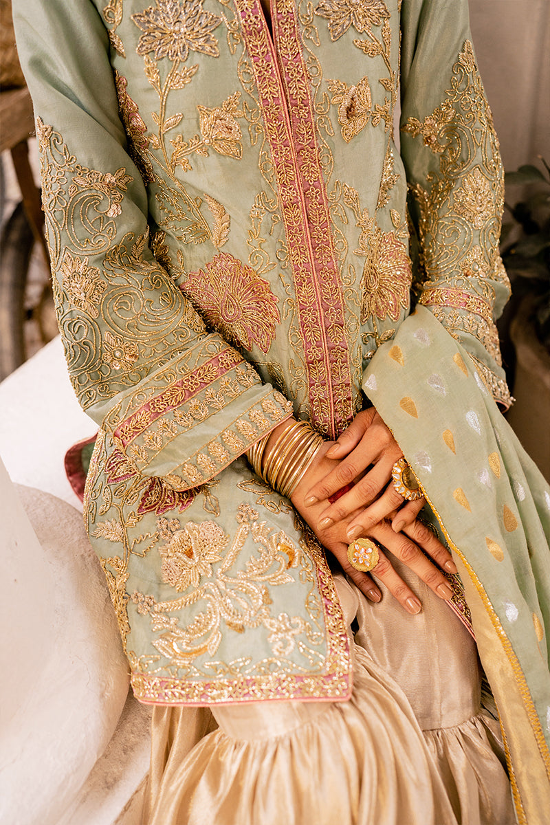 Pakistani Sage Embroidered Organza & Silk Gharara (3-Piece) - Image 5