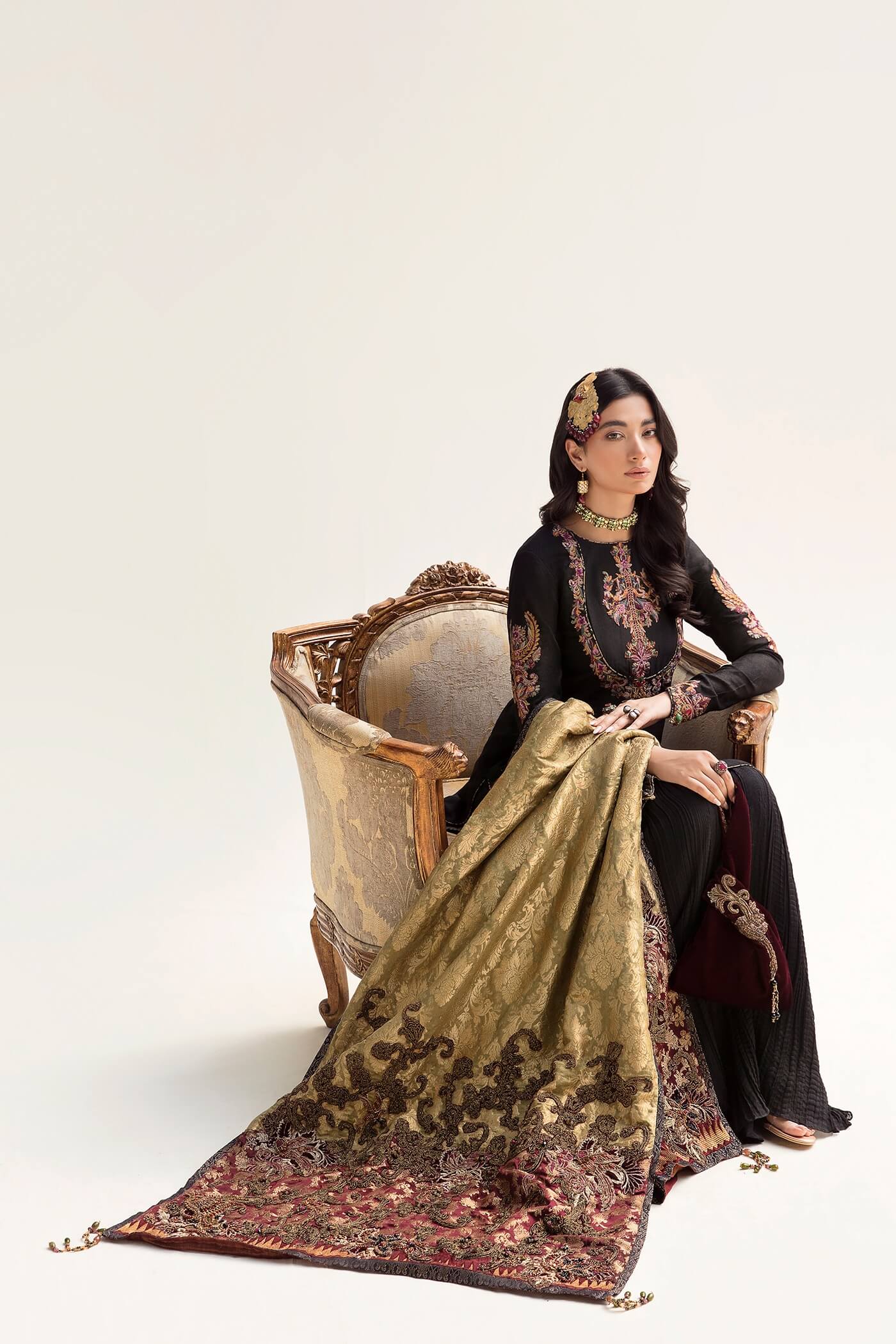 Pakistani Jade Maroon Embroidered Khimkhaab Gharara (3-Piece) - Image 2