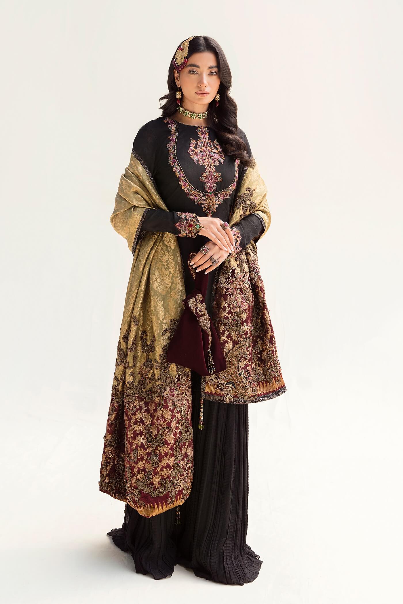 Pakistani Jade Maroon Embroidered Khimkhaab Gharara (3-Piece) - Image 3