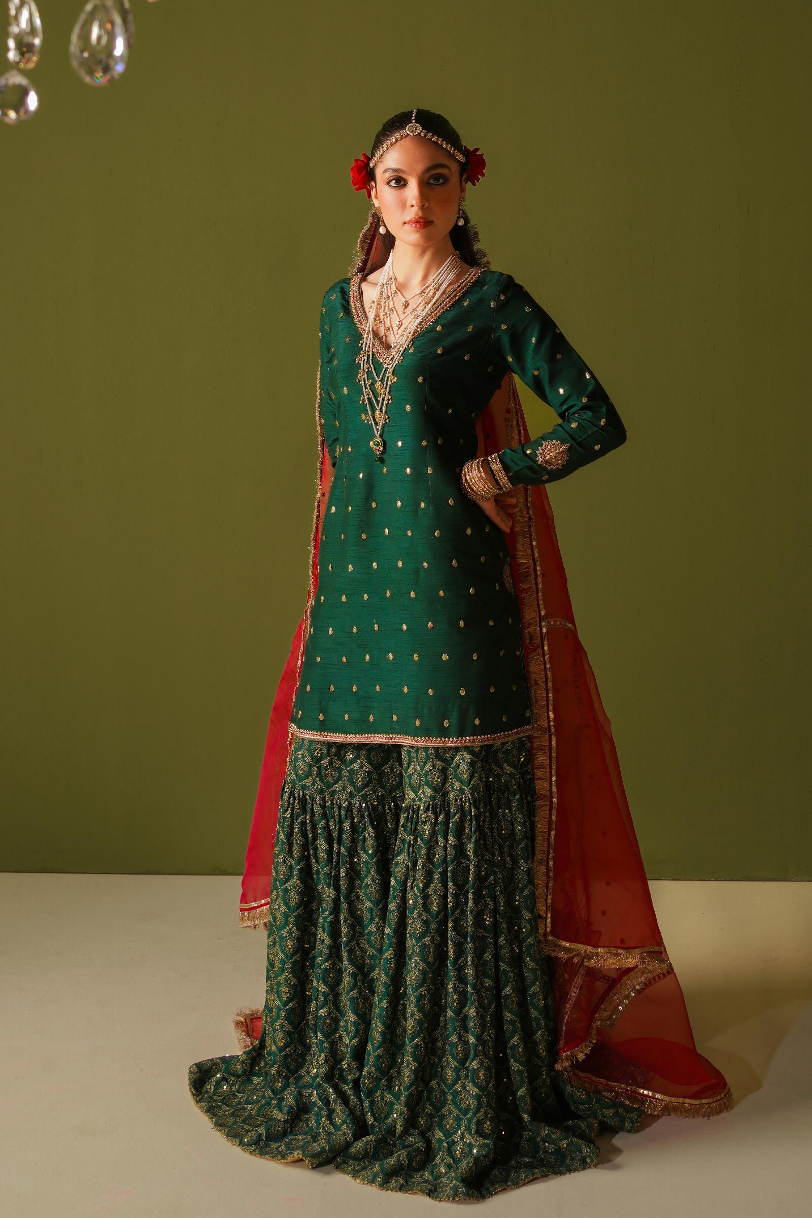 Pakistani Emerald Green Embroidered Korean Silk Gharara (3-Piece) - Image 1