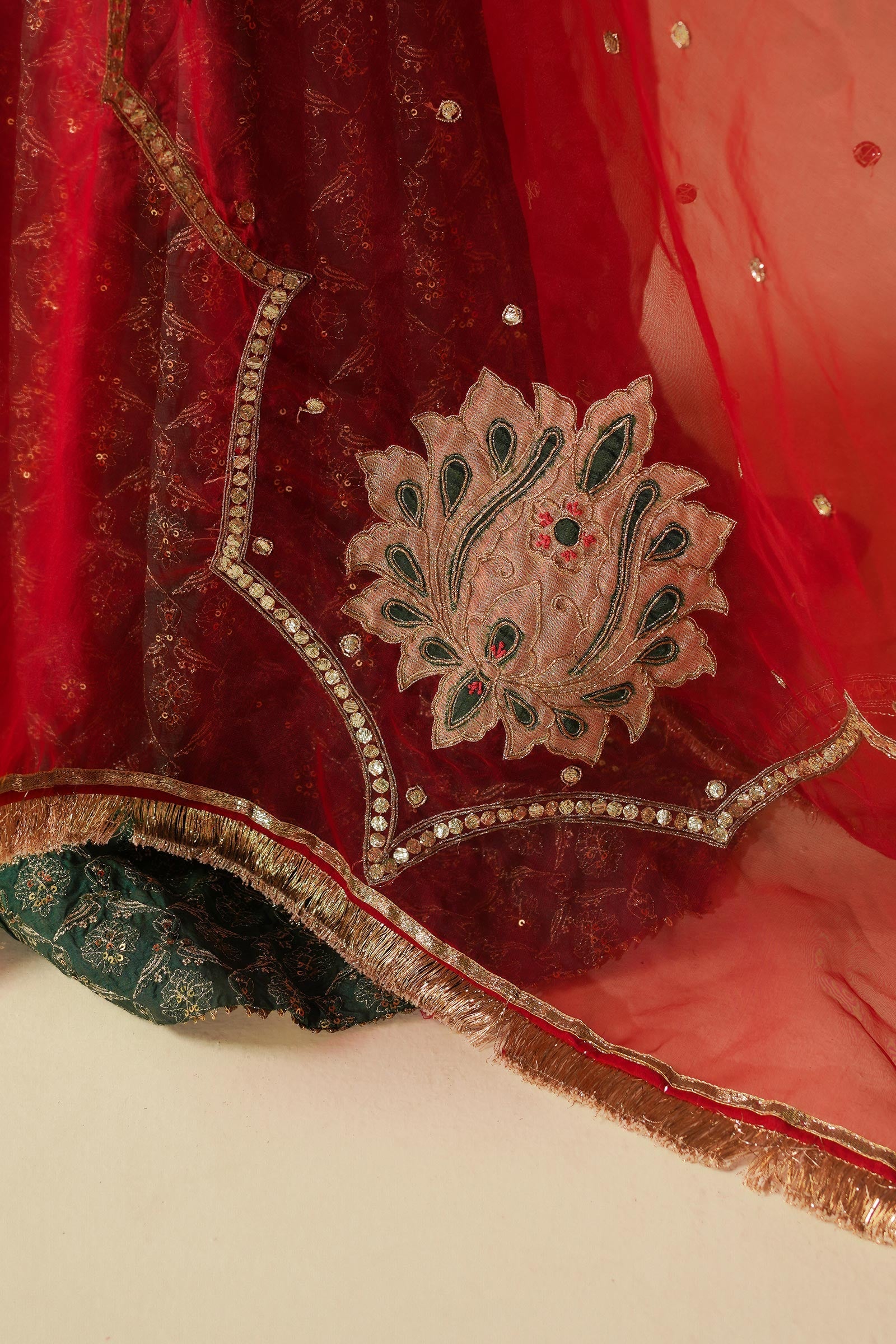 Pakistani Emerald Green Embroidered Korean Silk Gharara (3-Piece) - Image 13