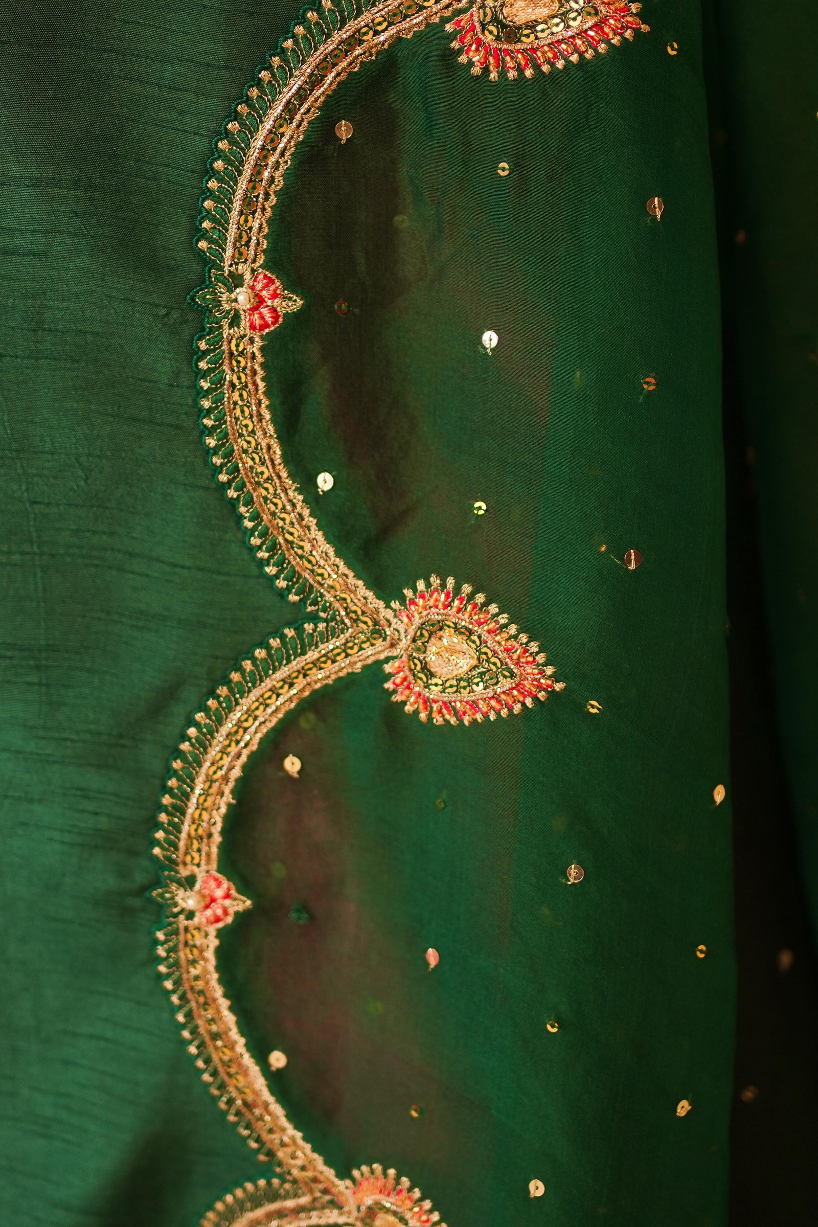 Pakistani Emerald Green Embroidered Korean Silk Gharara (3-Piece) - Image 14