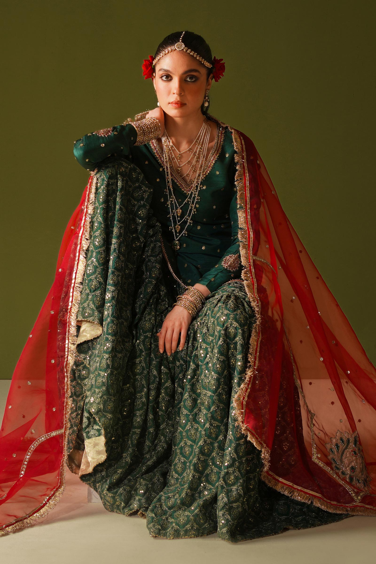 Pakistani Emerald Green Embroidered Korean Silk Gharara (3-Piece) - Image 3