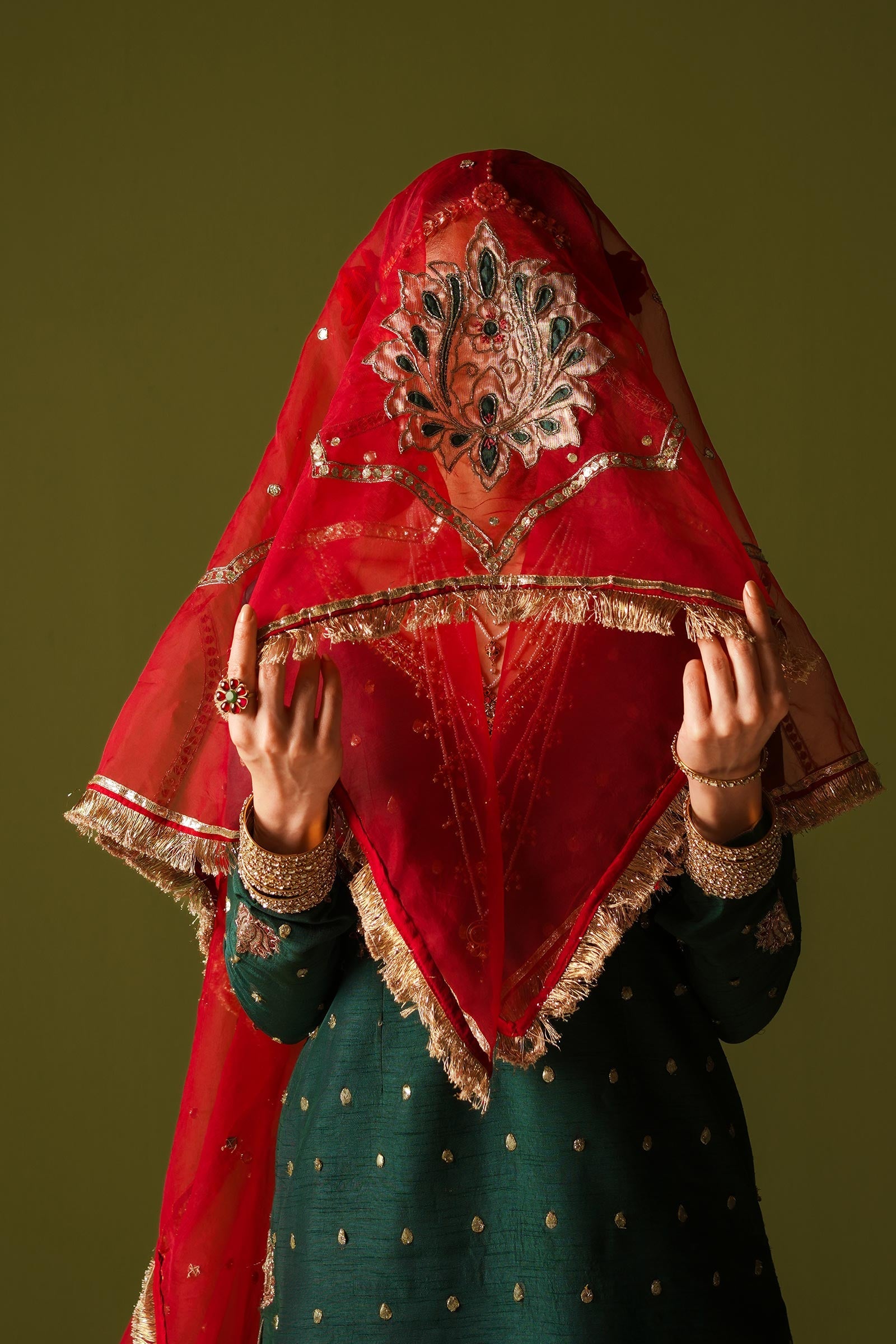 Pakistani Emerald Green Embroidered Korean Silk Gharara (3-Piece) - Image 5