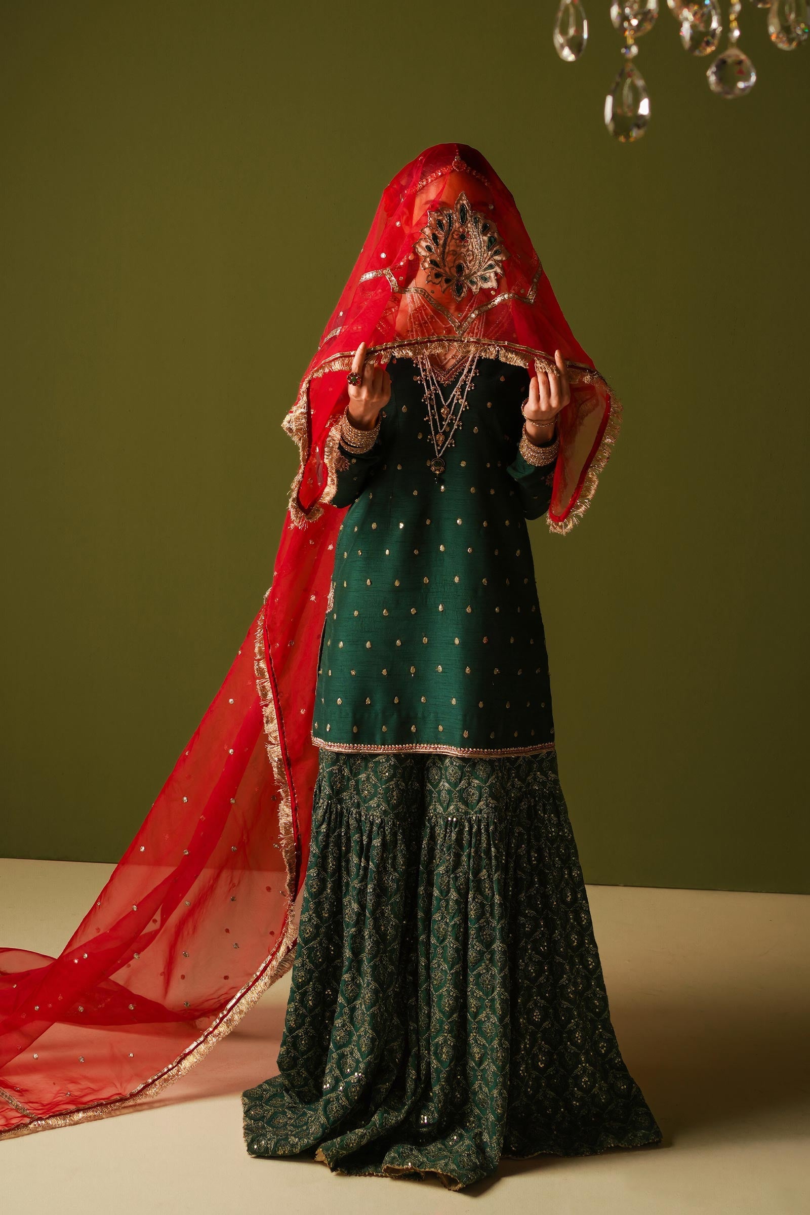 Pakistani Emerald Green Embroidered Korean Silk Gharara (3-Piece) - Image 6