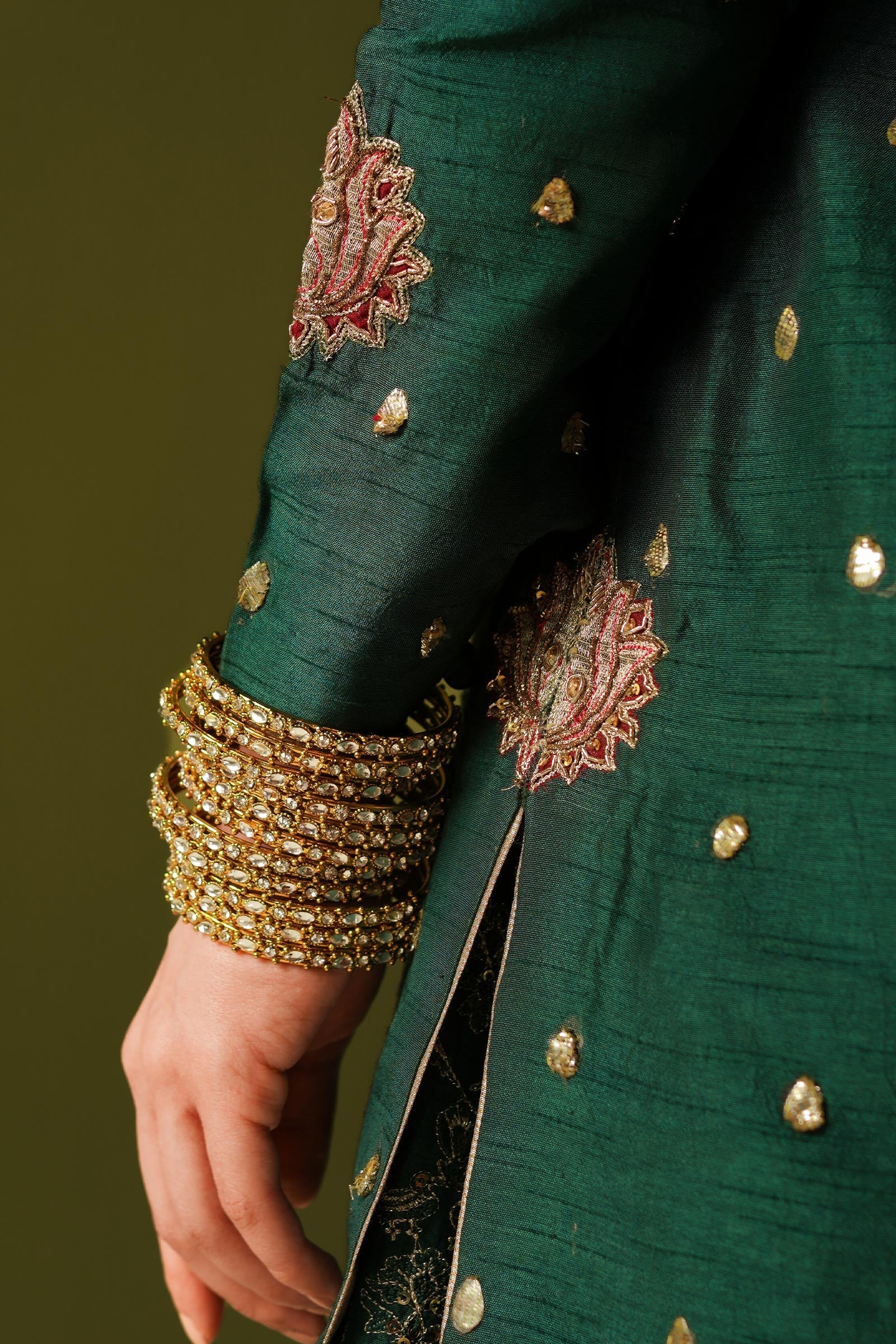 Pakistani Emerald Green Embroidered Korean Silk Gharara (3-Piece) - Image 7