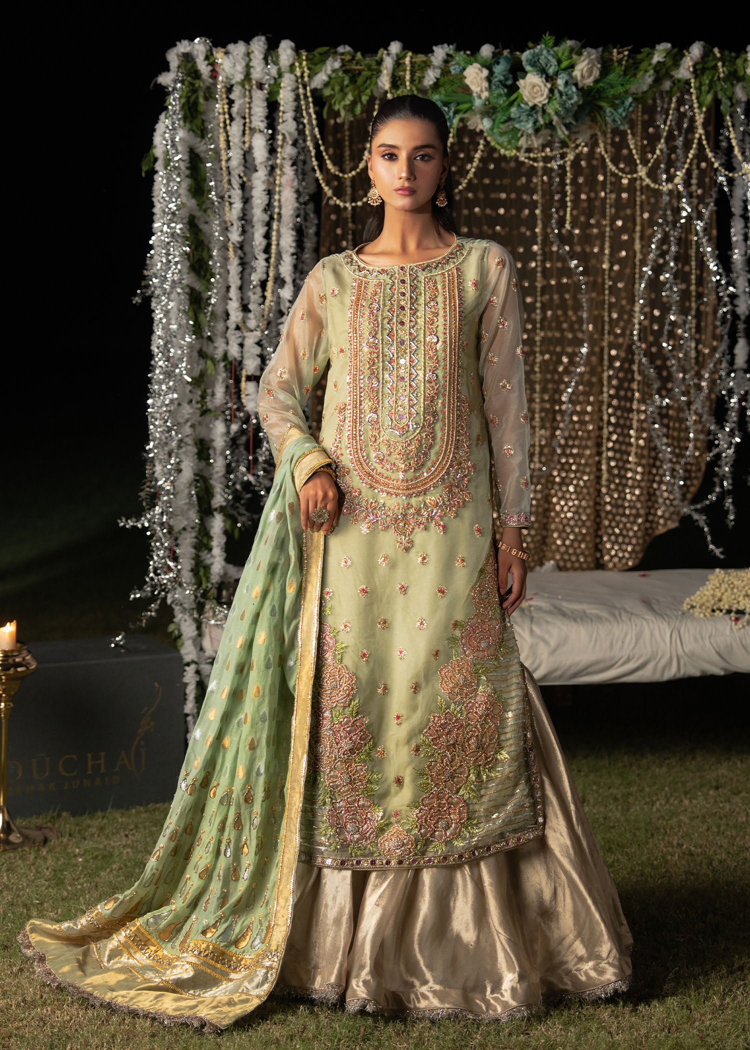 Pakistani Sage Green Embroidered Lurex Gharara (3-Piece) - Image 1