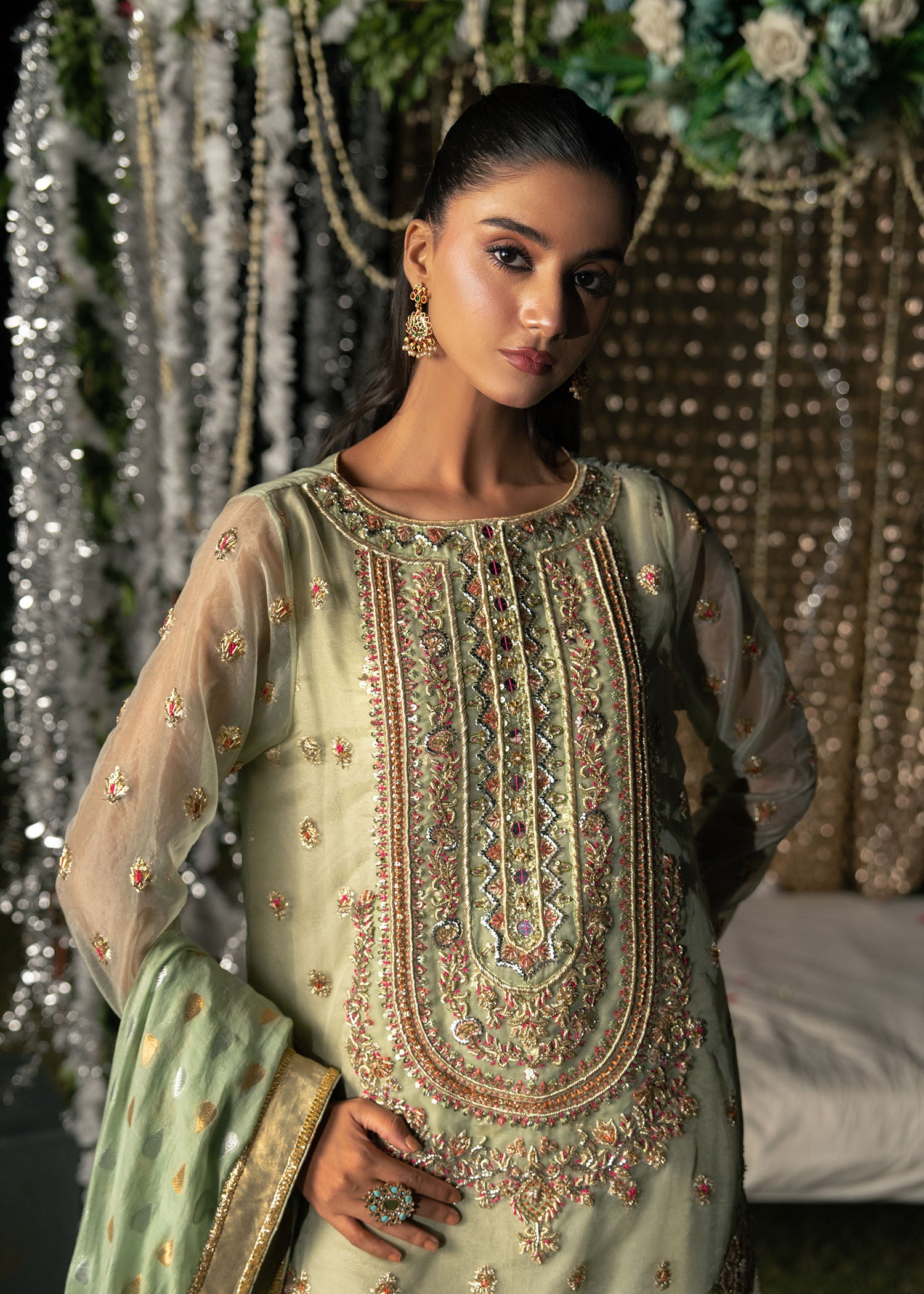 Pakistani Sage Green Embroidered Lurex Gharara (3-Piece) - Image 2