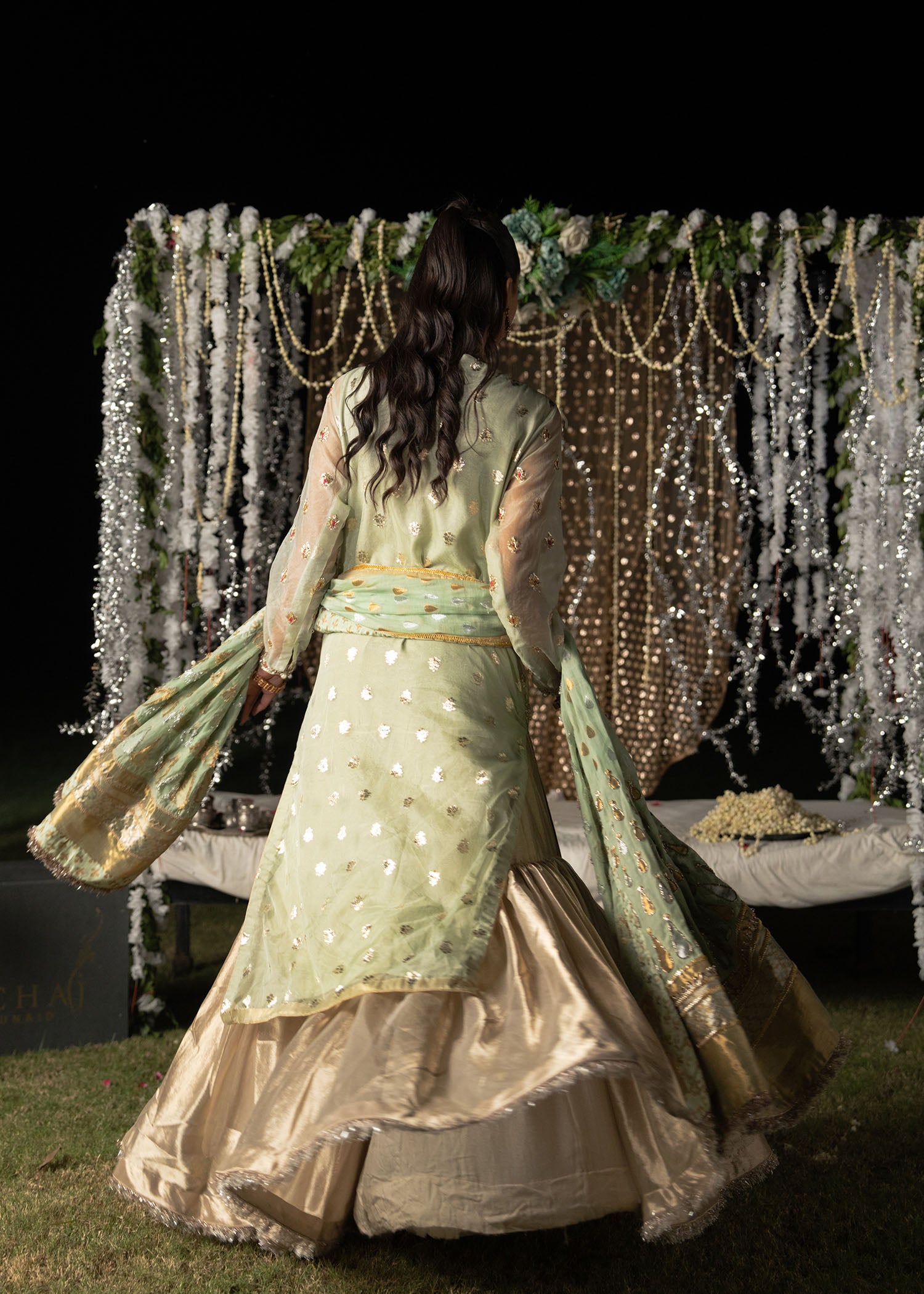 Pakistani Sage Green Embroidered Lurex Gharara (3-Piece) - Image 4