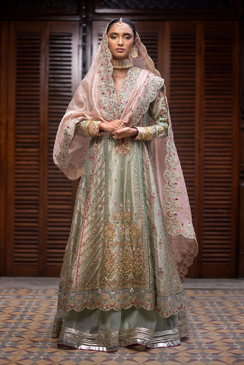 Pakistani Sage Green Embroidered Maysuri Gharara Set (3-Piece) - Image 1