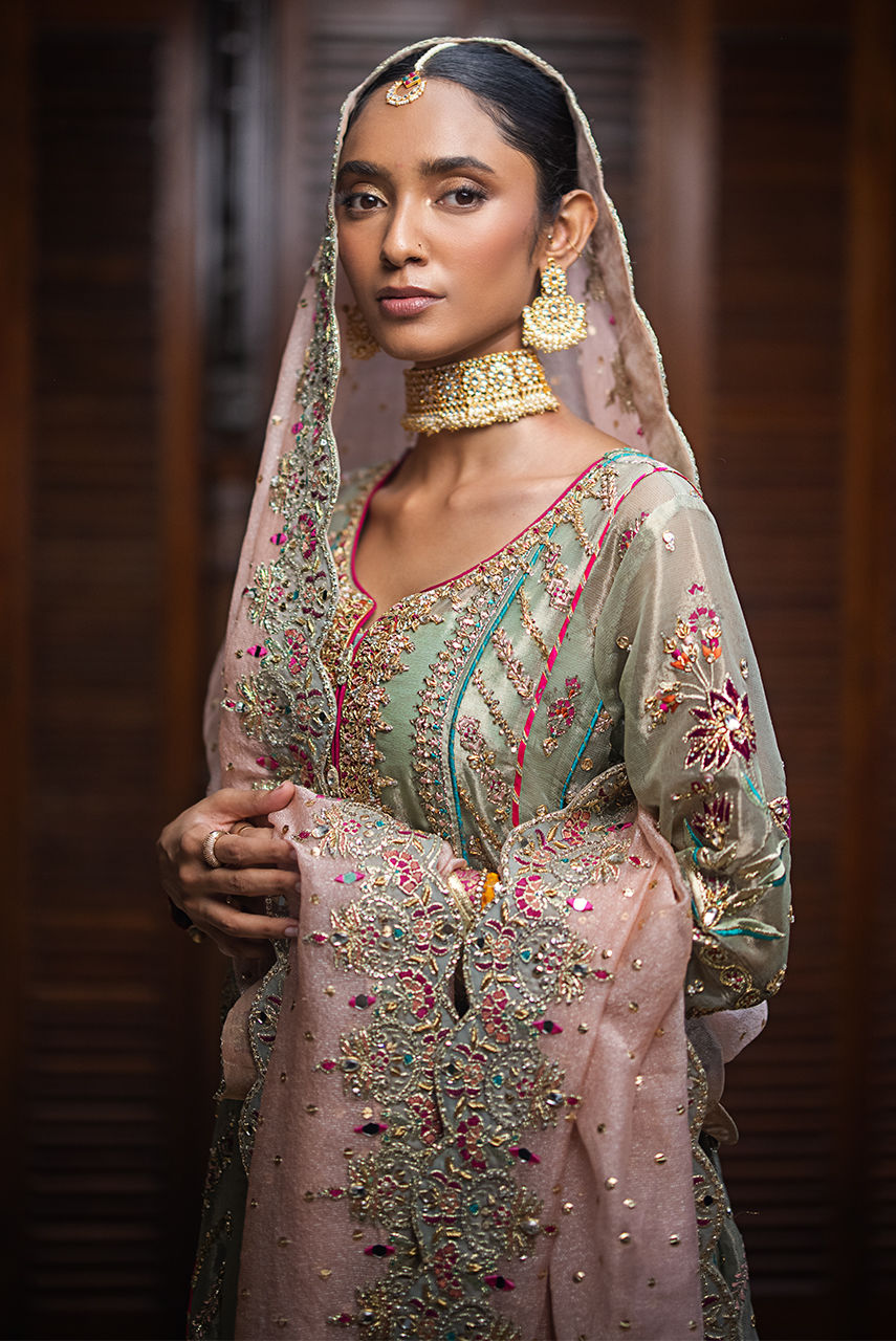 Pakistani Sage Green Embroidered Maysuri Gharara Set (3-Piece) - Image 2