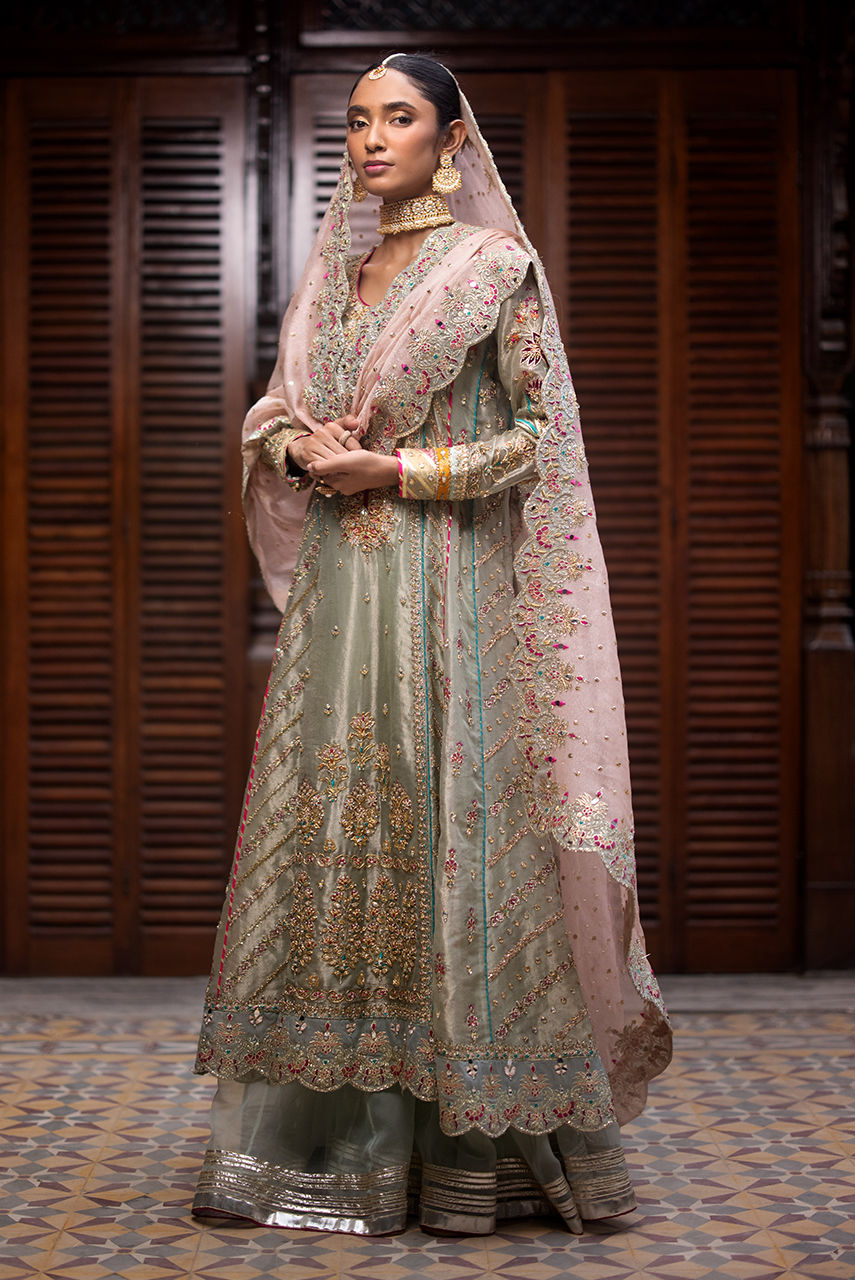 Pakistani Sage Green Embroidered Maysuri Gharara Set (3-Piece) - Image 3