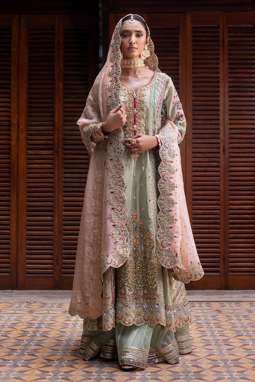 Pakistani Sage Green Embroidered Maysuri Gharara Set (3-Piece) - Image 4