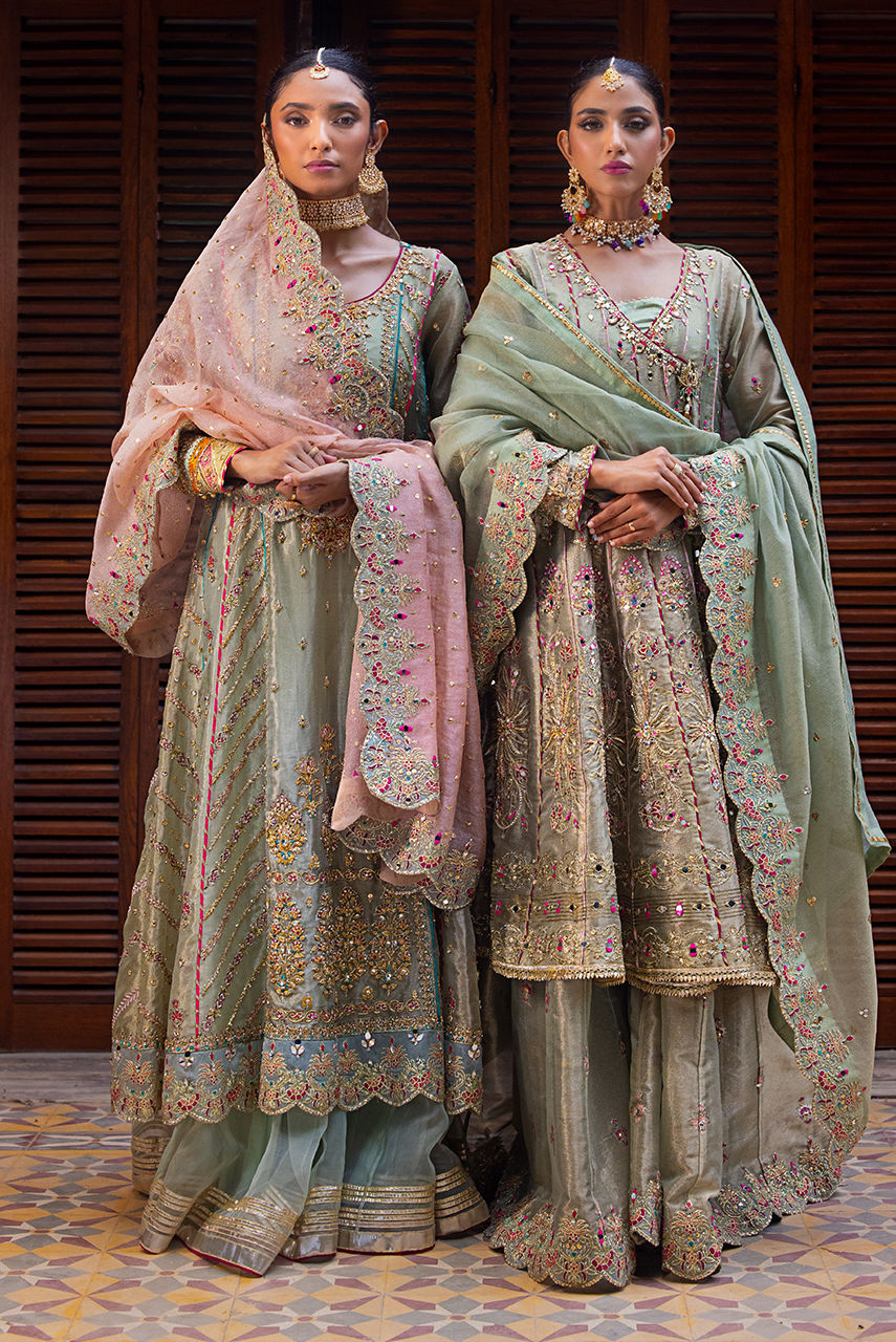 Pakistani Sage Green Embroidered Maysuri Gharara Set (3-Piece) - Image 5