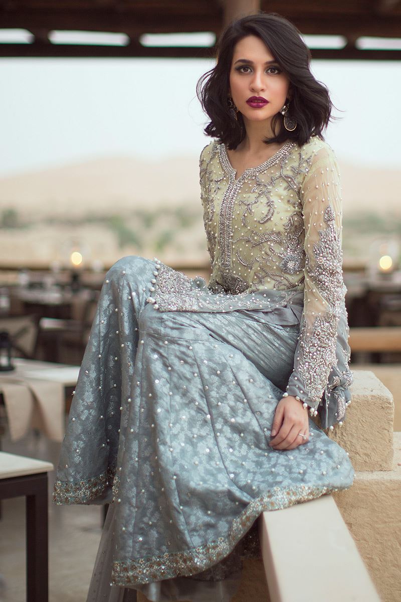 Pakistani Lime Grey Ombre Jal-Worked Mesuri Gharara (2-Piece) - Image 1