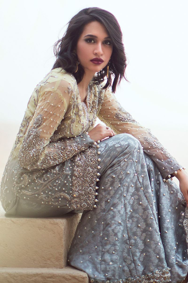 Pakistani Lime Grey Ombre Jal-Worked Mesuri Gharara (2-Piece) - Image 2