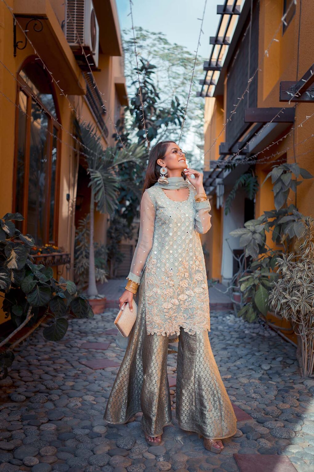 Pakistani Pistachio Embroidered Net Kurta with Brocade Gharara (3-Piece) - Image 1