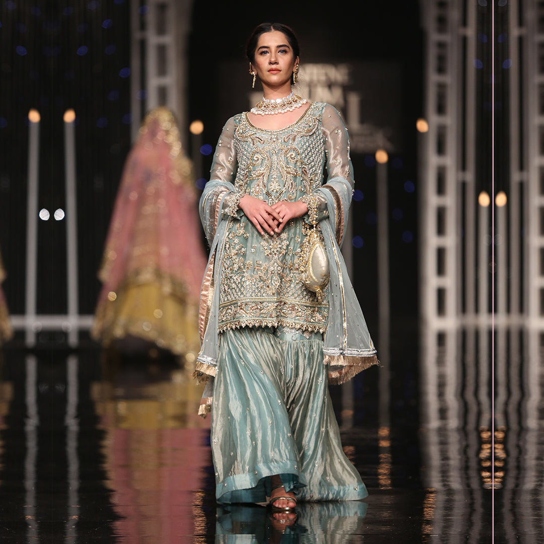 Seafoam Gold Embroidered Net Gharara Set (3-Piece) - Image 1