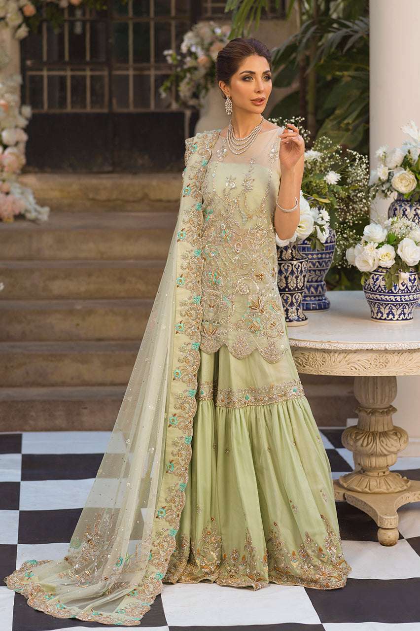 Mint Green Hand-Embroidered Net Gharara (3-Piece) - Image 1