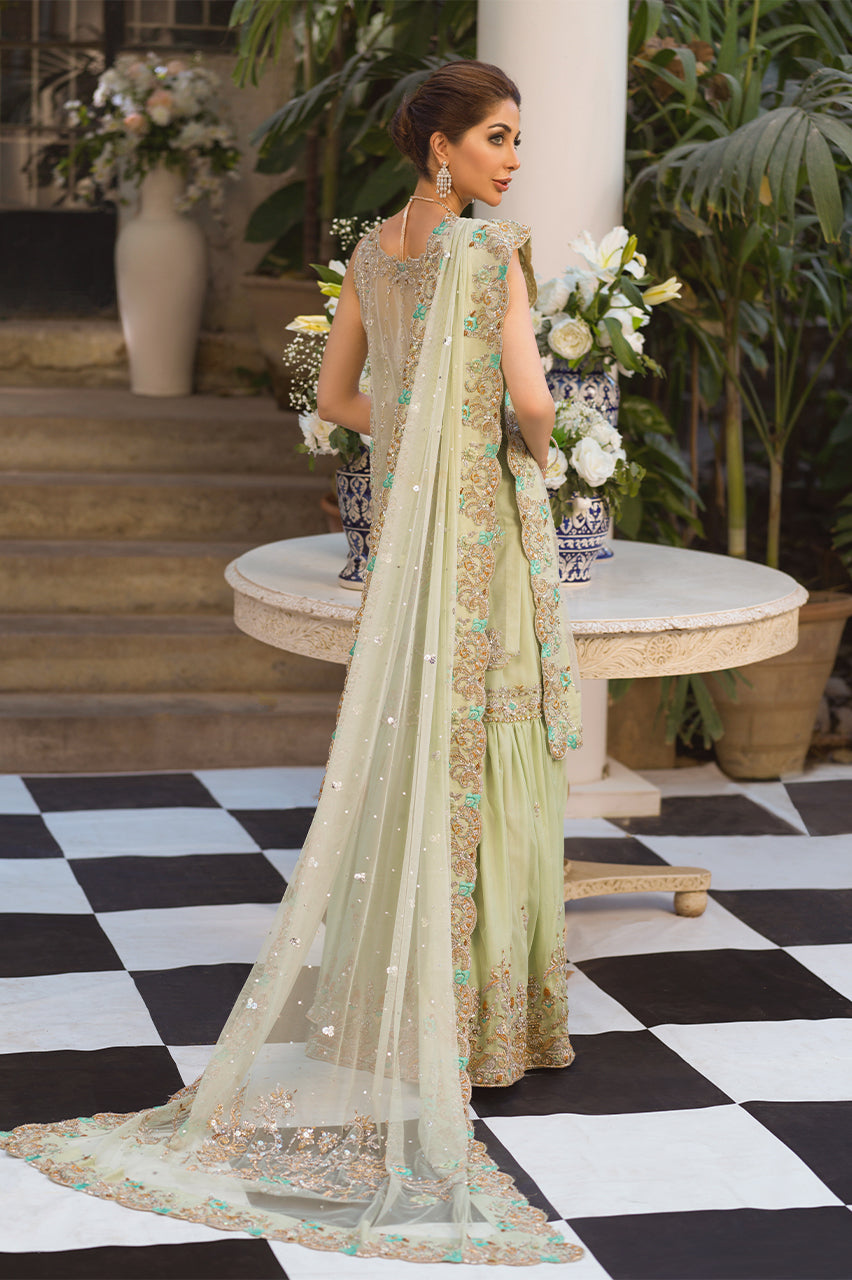 Mint Green Hand-Embroidered Net Gharara (3-Piece) - Image 2