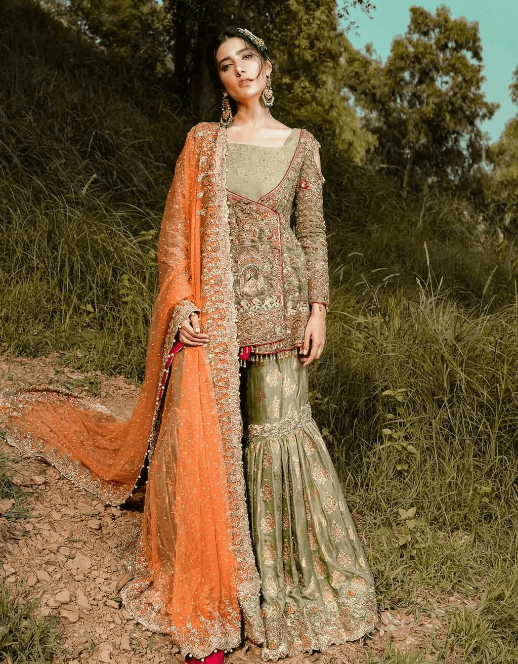 Parrot Green Embroidered Net Gharara (3-Piece) - Image 1