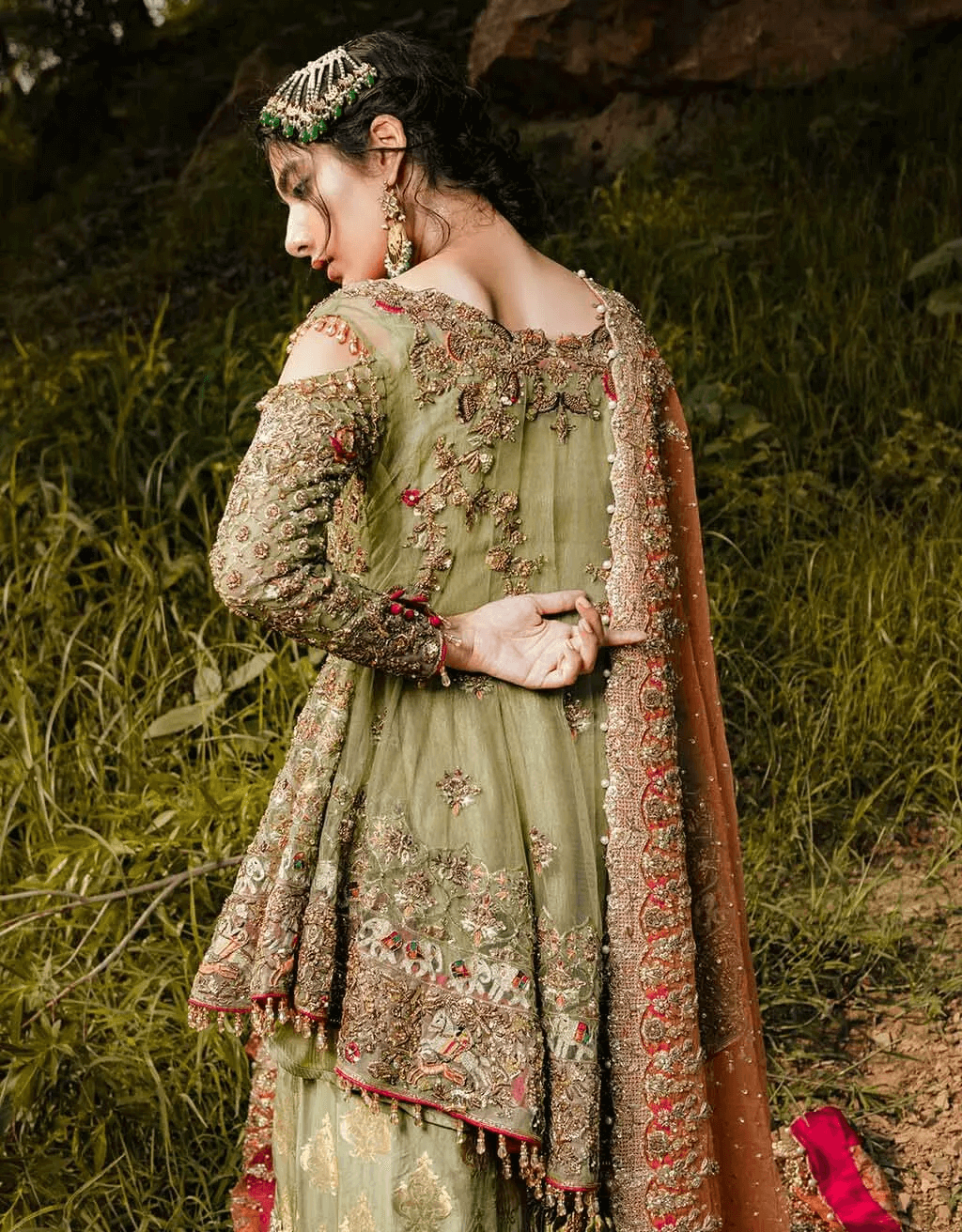 Parrot Green Embroidered Net Gharara (3-Piece) - Image 2