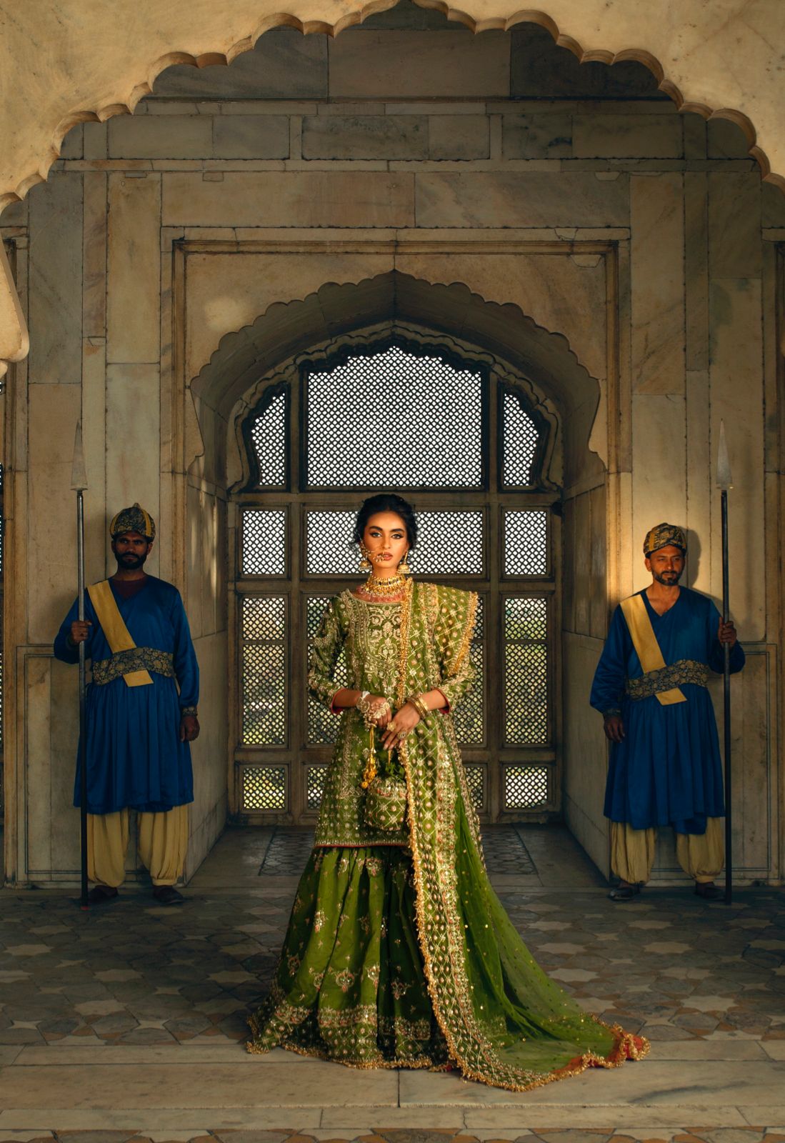 Pakistani Golden Green Zardozi Net Organza Gharara (3-Piece) - Image 1