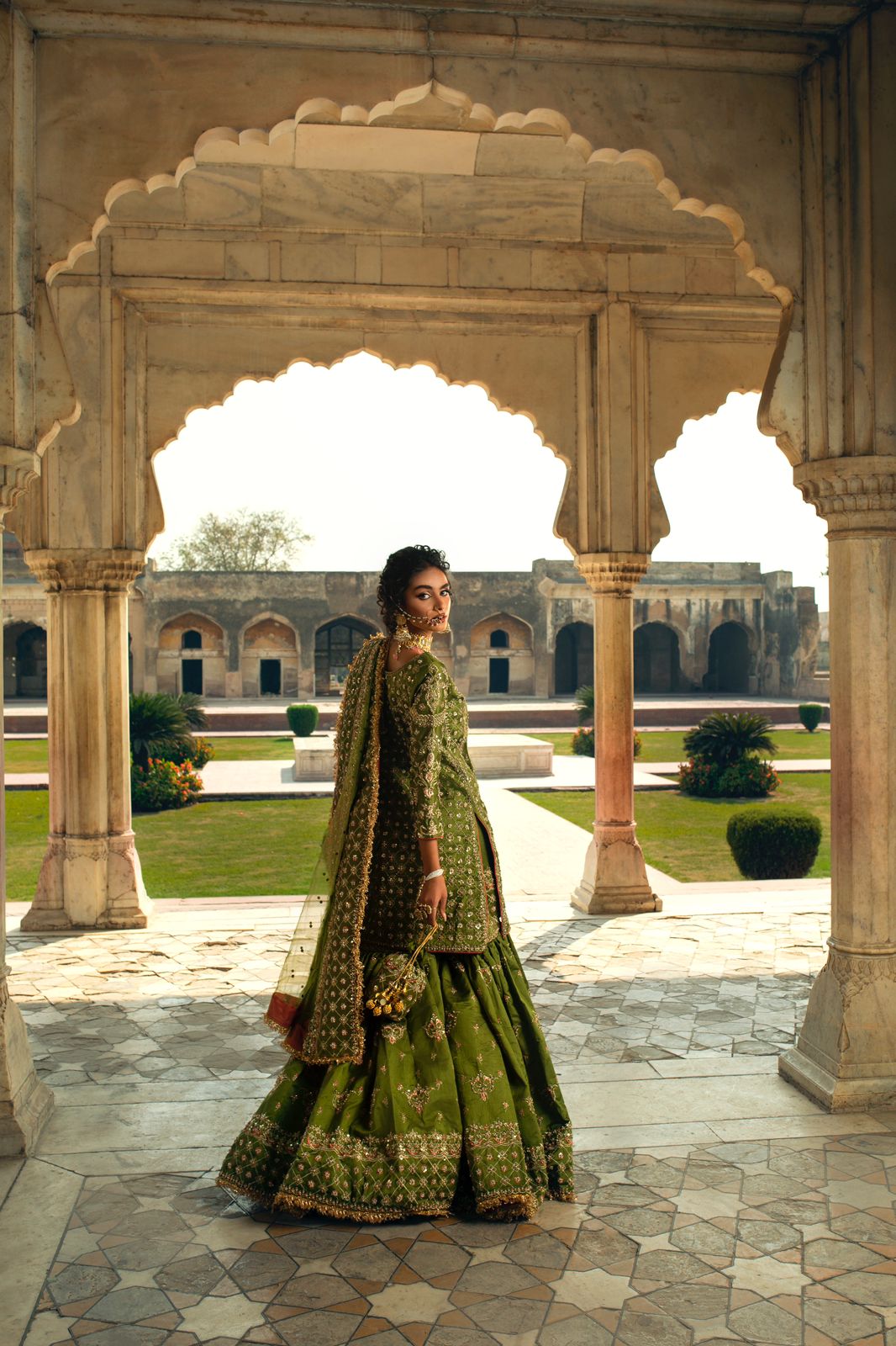 Pakistani Golden Green Zardozi Net Organza Gharara (3-Piece) - Image 2