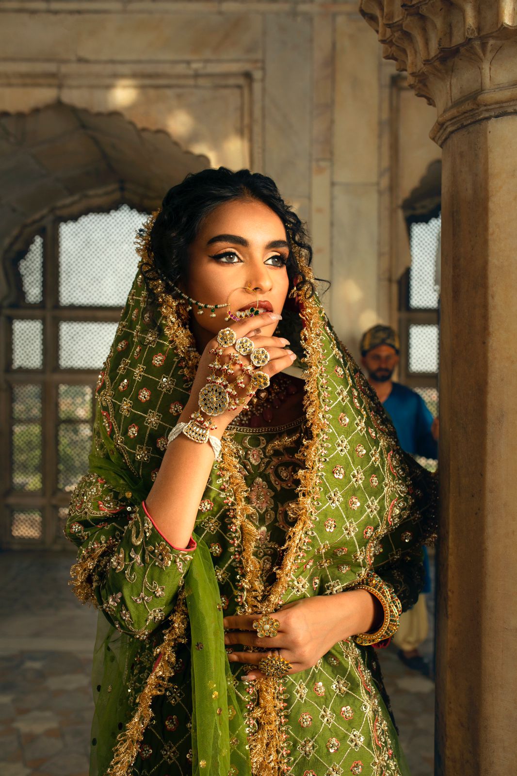 Pakistani Golden Green Zardozi Net Organza Gharara (3-Piece) - Image 3