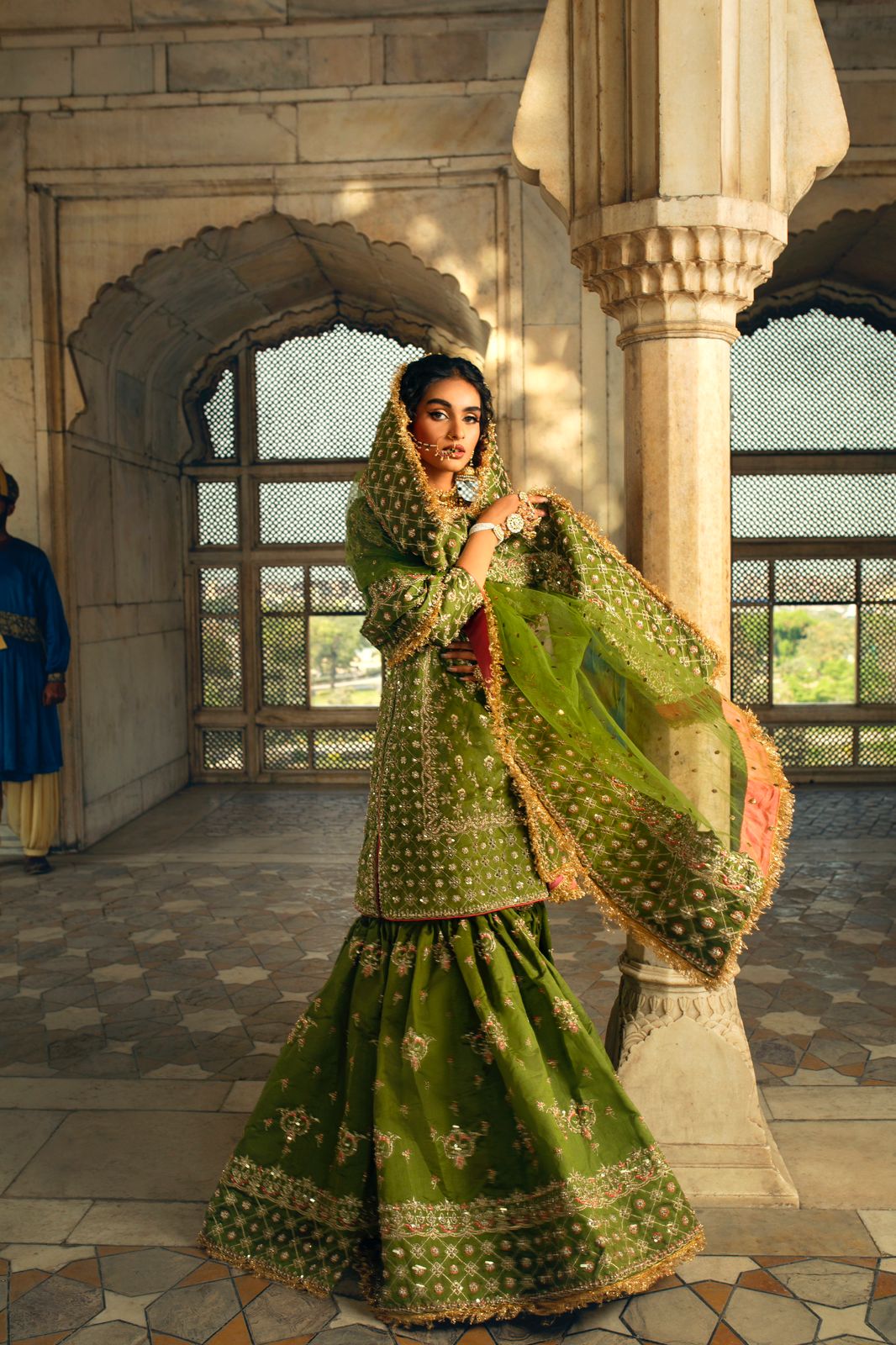 Pakistani Golden Green Zardozi Net Organza Gharara (3-Piece) - Image 4