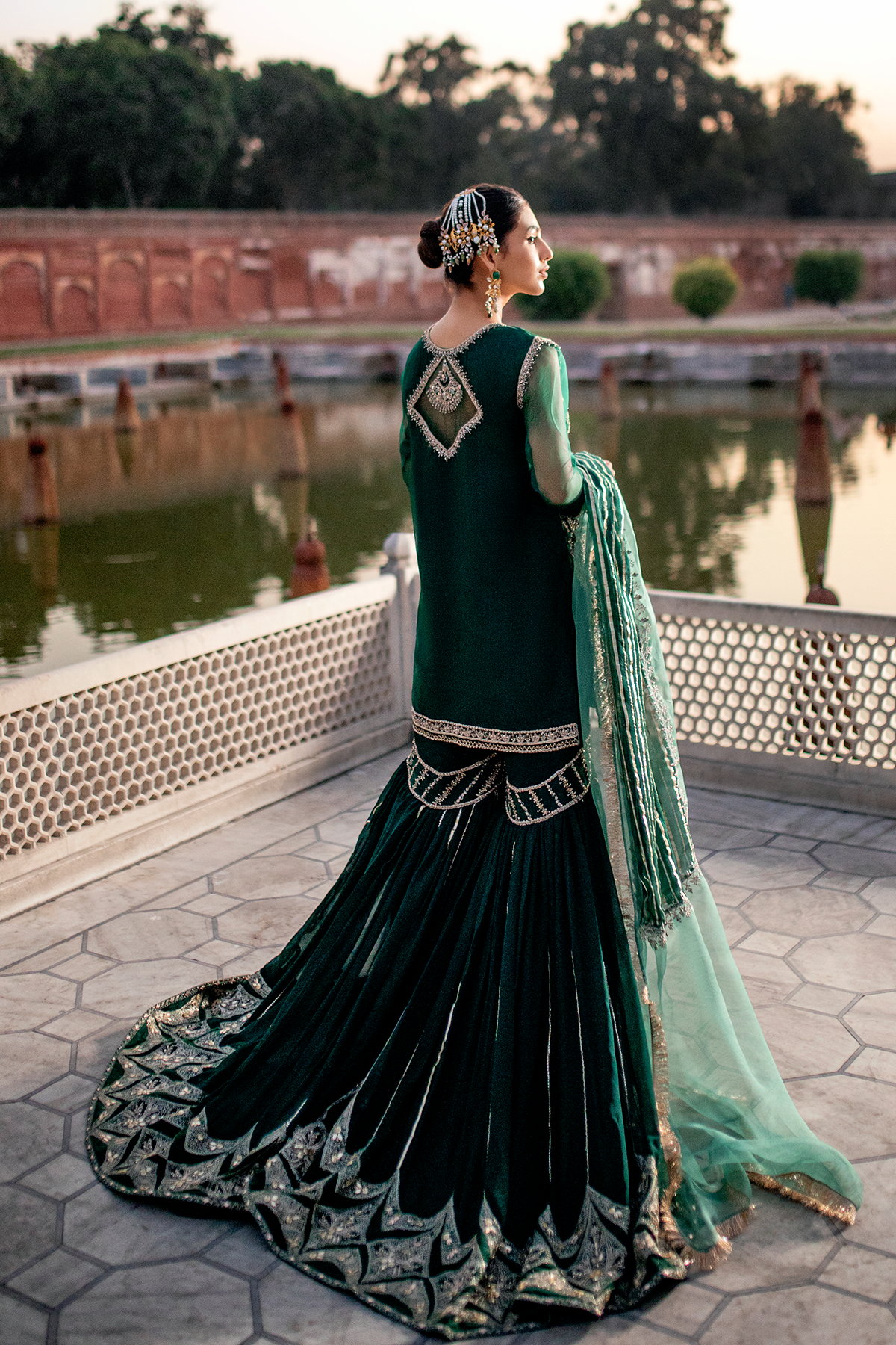 Bottle Green Embroidered Organza Gharara Set (3-Piece) - Image 2