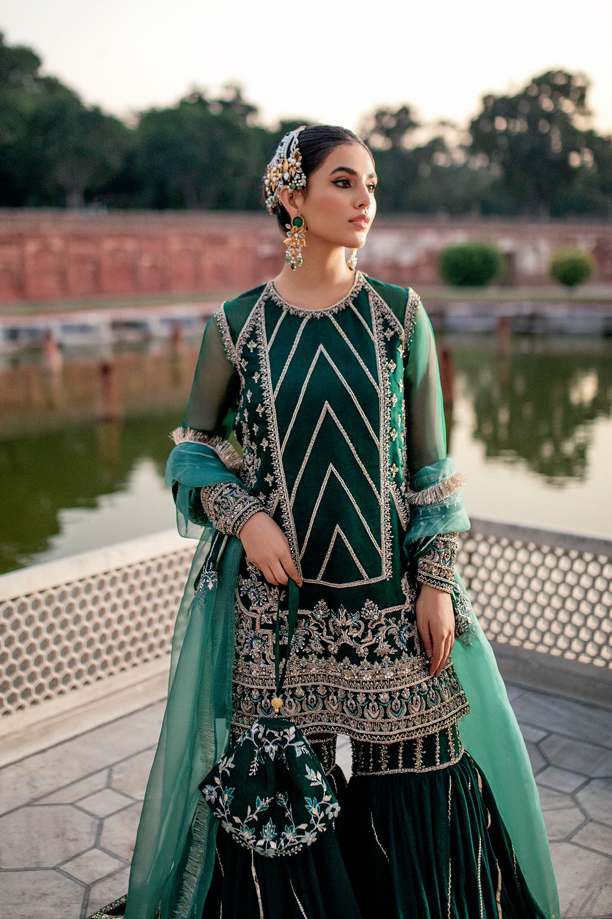 Bottle Green Embroidered Organza Gharara Set (3-Piece) - Image 4