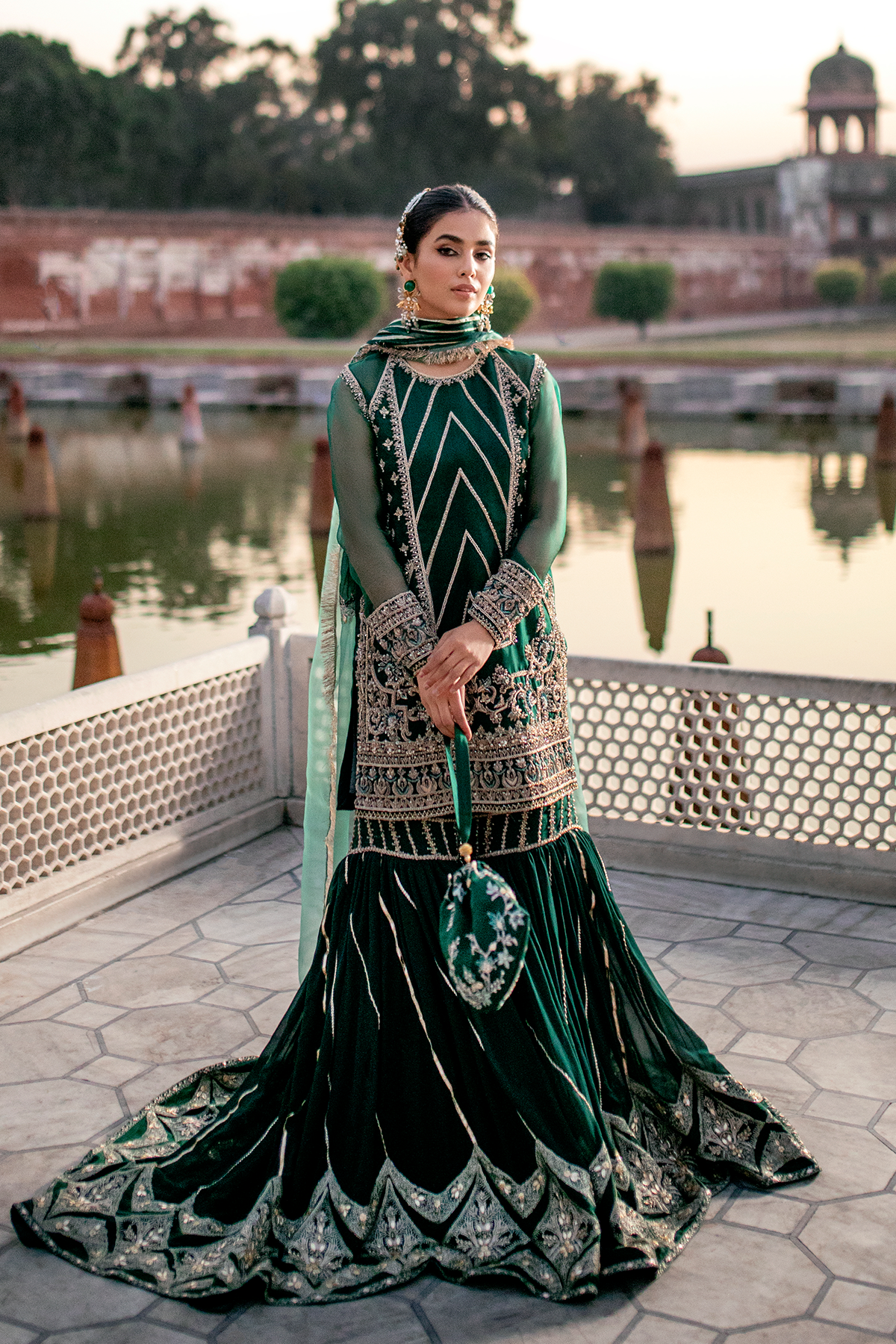 Bottle Green Embroidered Organza Gharara Set (3-Piece) - Image 5