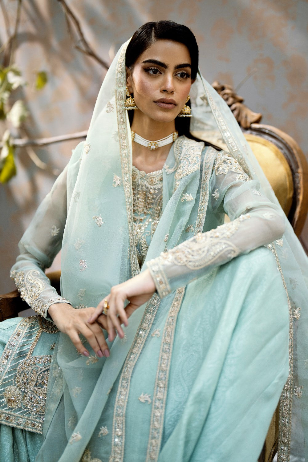 Pakistani Ash Green Embroidered Organza Gharara Set (3-Piece) - Image 2