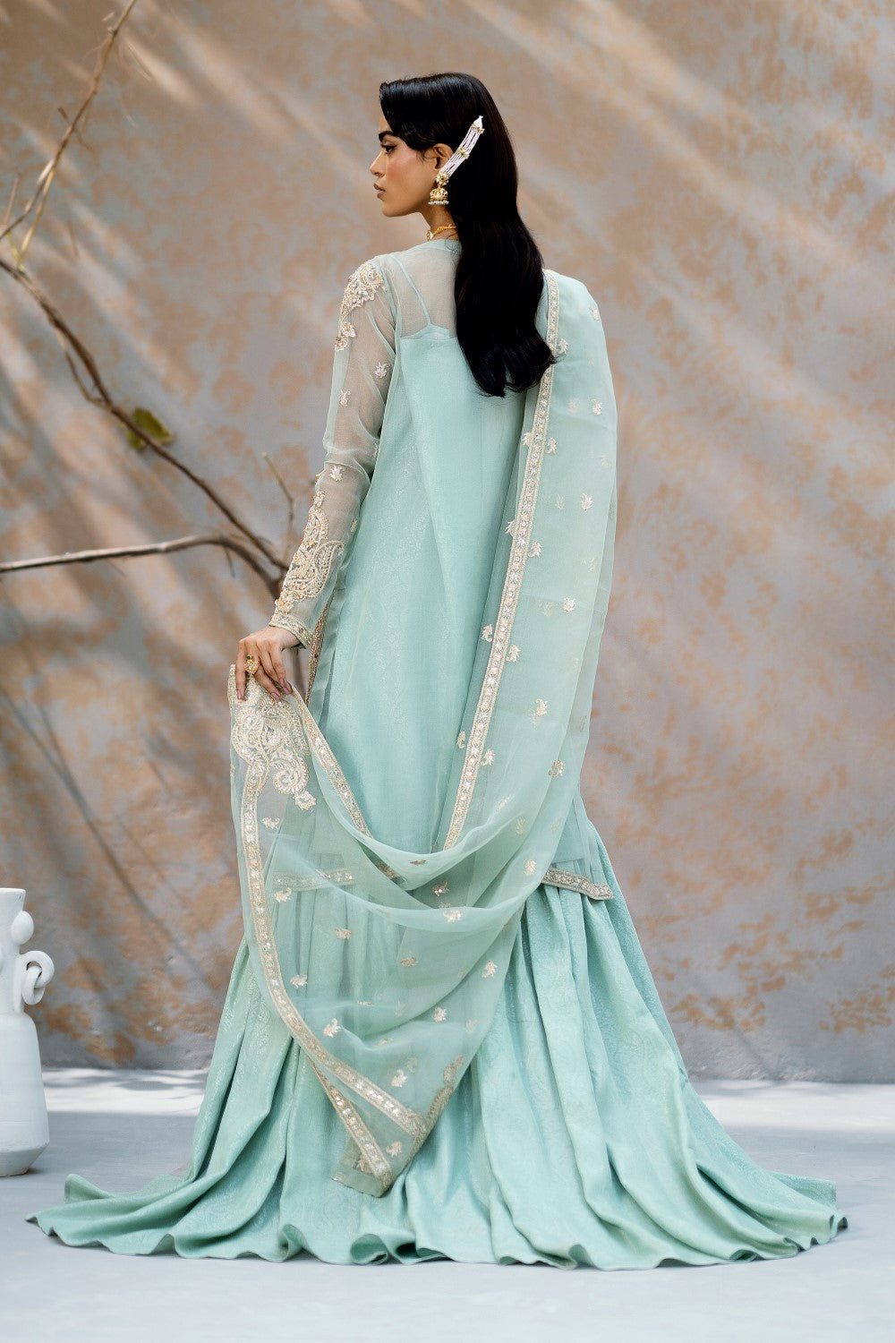 Pakistani Ash Green Embroidered Organza Gharara Set (3-Piece) - Image 3