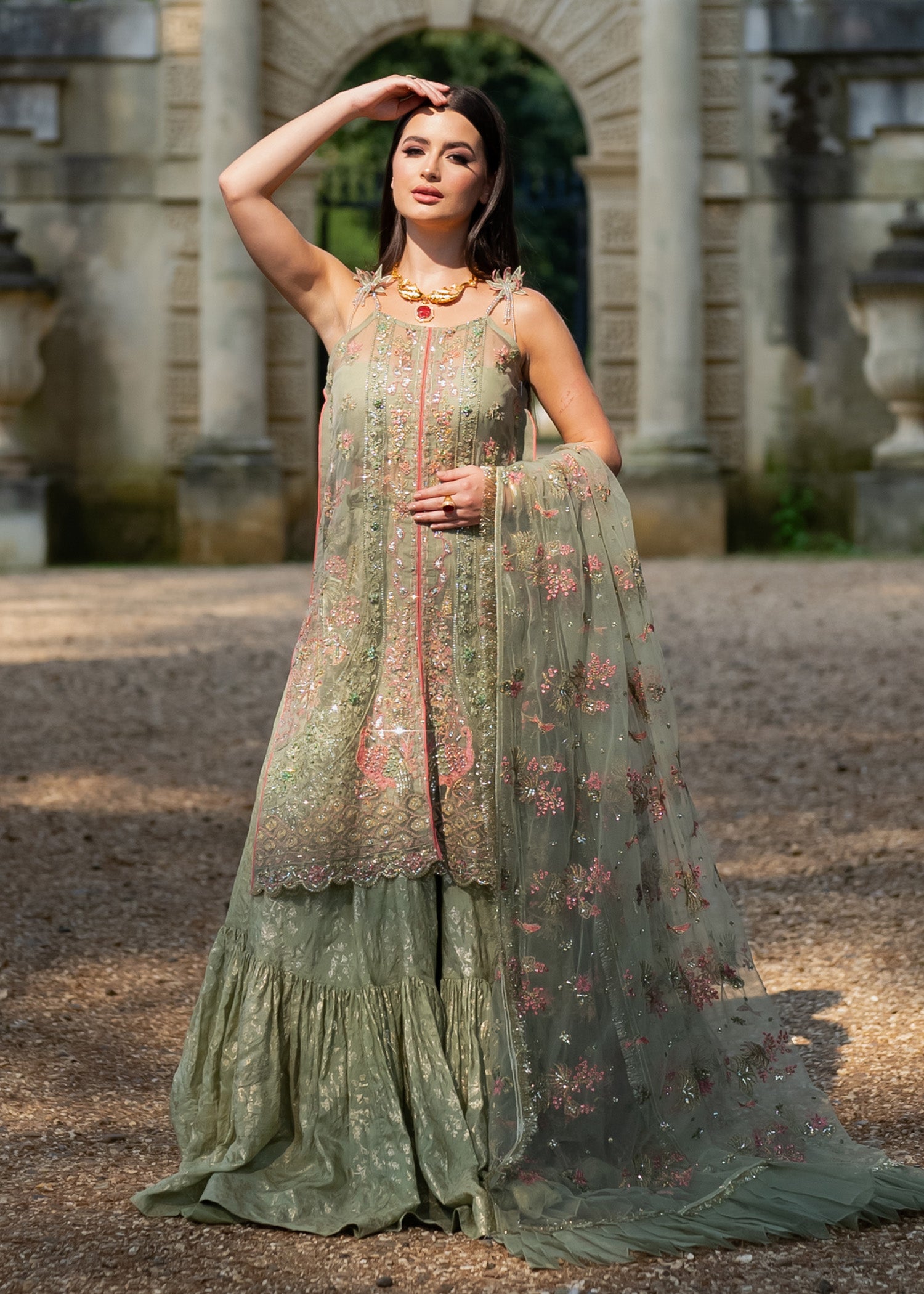 Pakistani Mint Green Embroidered Organza Gharara (3-Piece) - Image 1